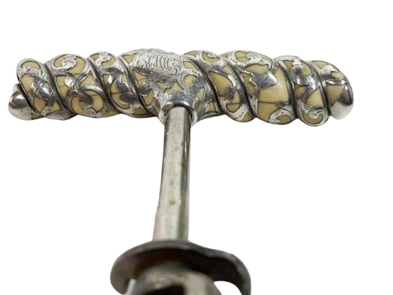 19th/20th Century Silver Overlaid Rope-Twist Carved Ivory Handled Corkscrew For Sale 1