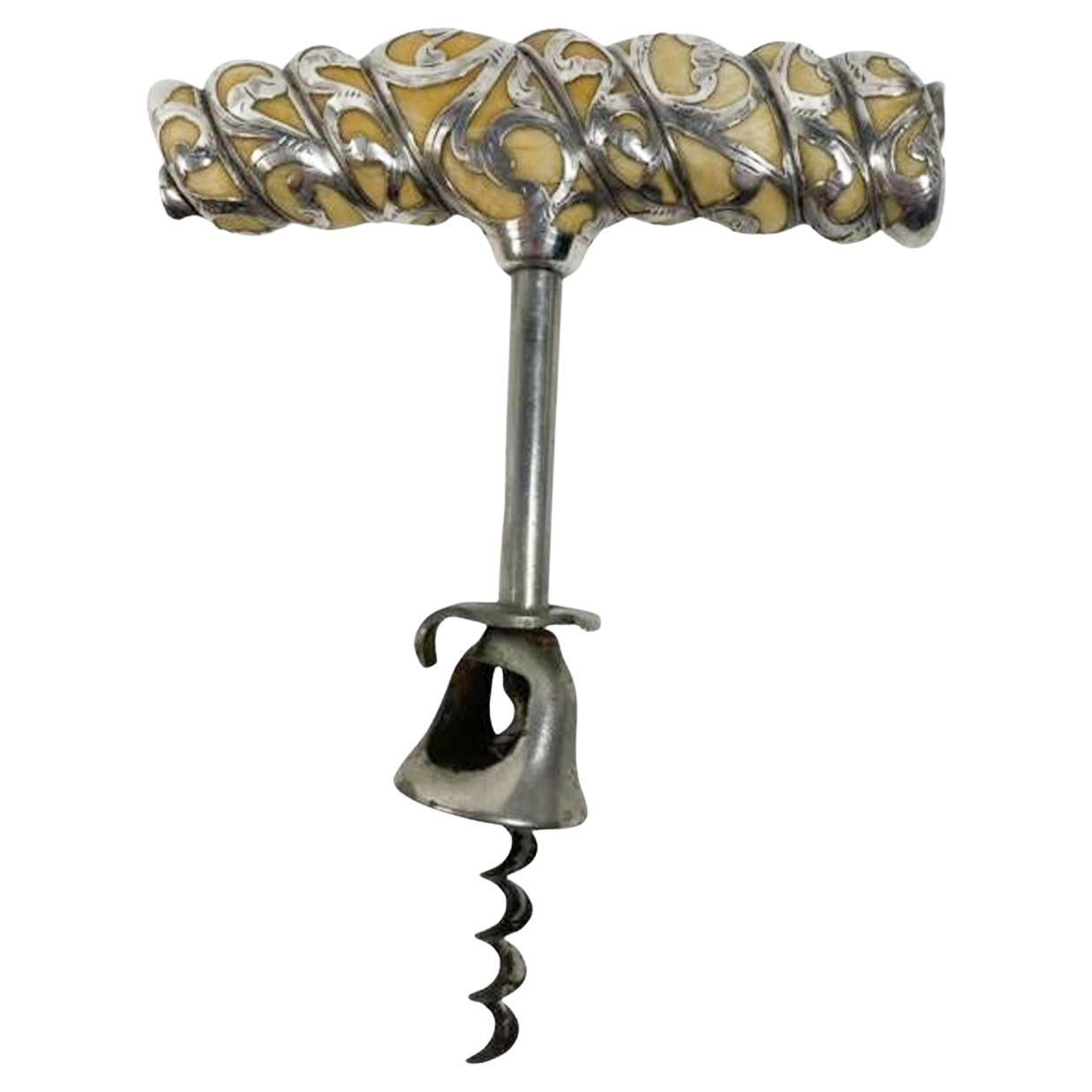 Silber Overlaid Rope-Twist geschnitzter elfenbeinfarbener Korkenzieher mit Griffen aus dem 19./20. Jahrhundert