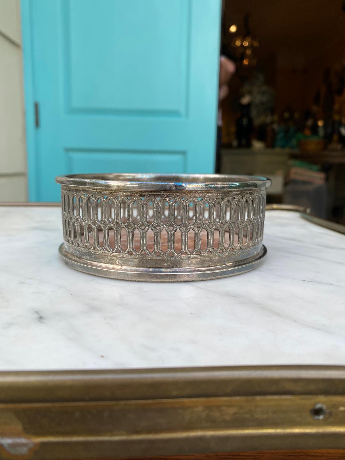 19th-20th century silvered wine coaster with wood bottom, unmarked.