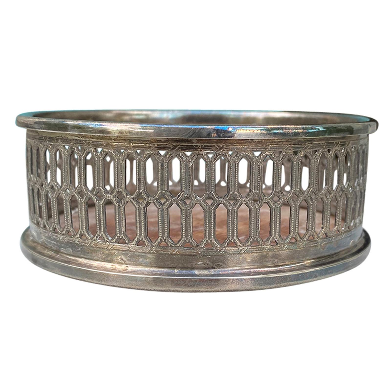 19th-20th Century Silvered Wine Coaster with Wood Bottom, Unmarked For Sale