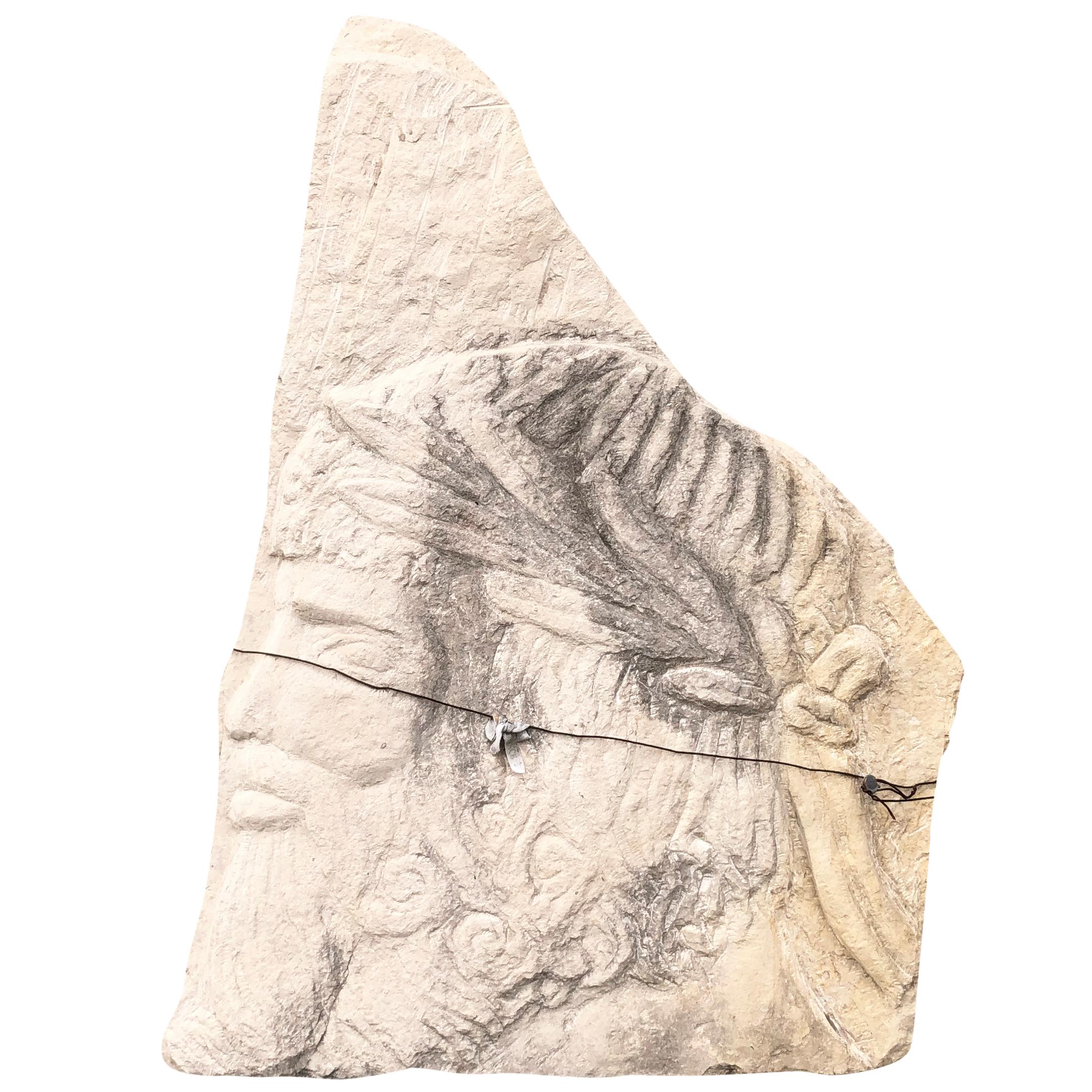 An antique hand carved wall relief in sandstone in the Byzantine style, in good condition. Minor fading, due to age. Wear consistent with age and use. Circa late 19th - 20th Century, Turkey.