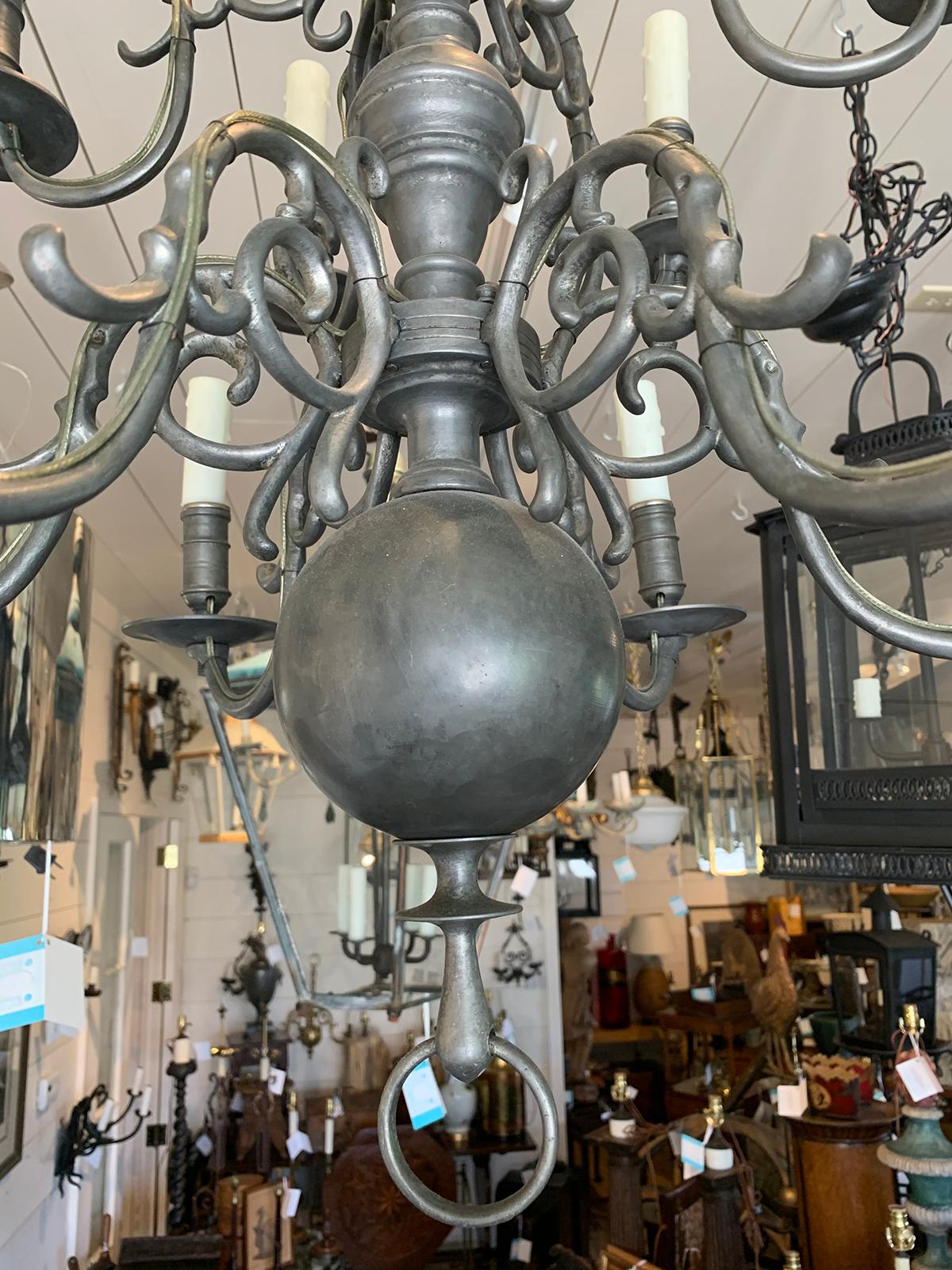 19th/20th Century Two-Tier Dutch and Queen Anne Style Pewter 12-Light Chandelier 4