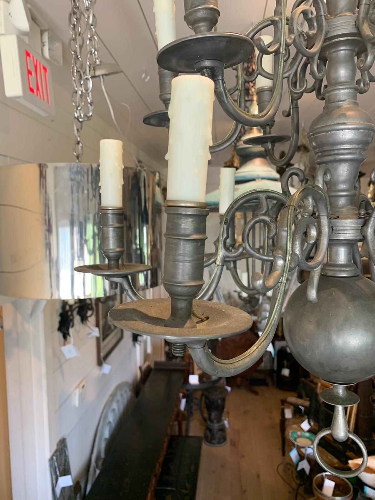19th/20th Century Two-Tier Dutch and Queen Anne Style Pewter 12-Light Chandelier 6