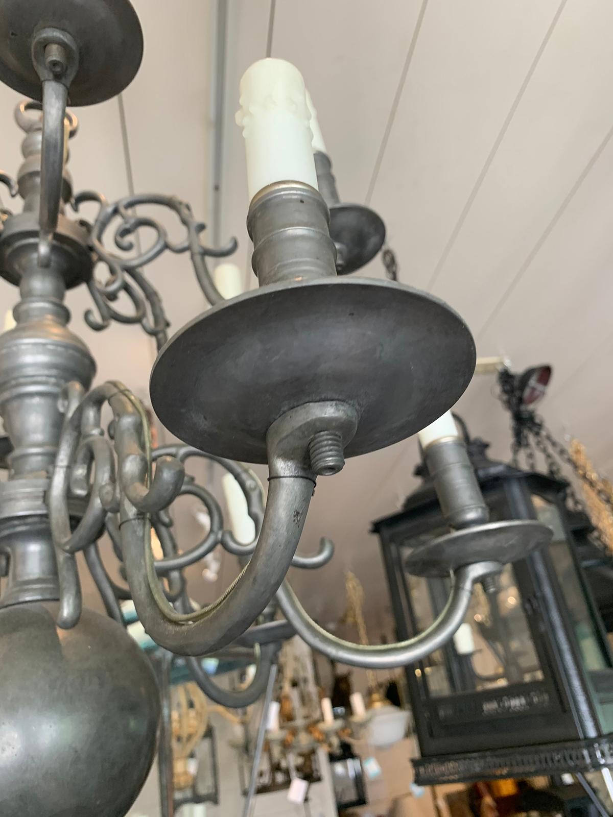 19th/20th Century Two-Tier Dutch and Queen Anne Style Pewter 12-Light Chandelier In Good Condition In Atlanta, GA