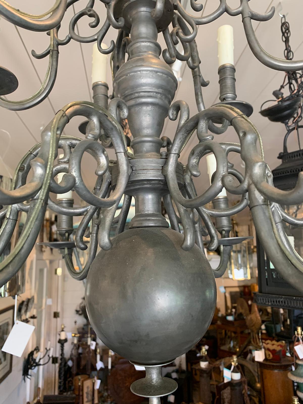 19th Century 19th/20th Century Two-Tier Dutch and Queen Anne Style Pewter 12-Light Chandelier