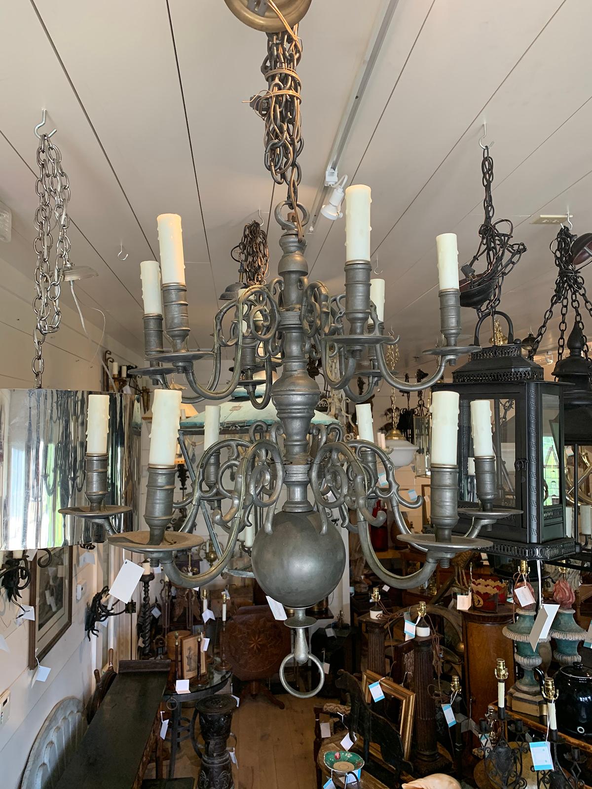 19th/20th Century Two-Tier Dutch and Queen Anne Style Pewter 12-Light Chandelier 2