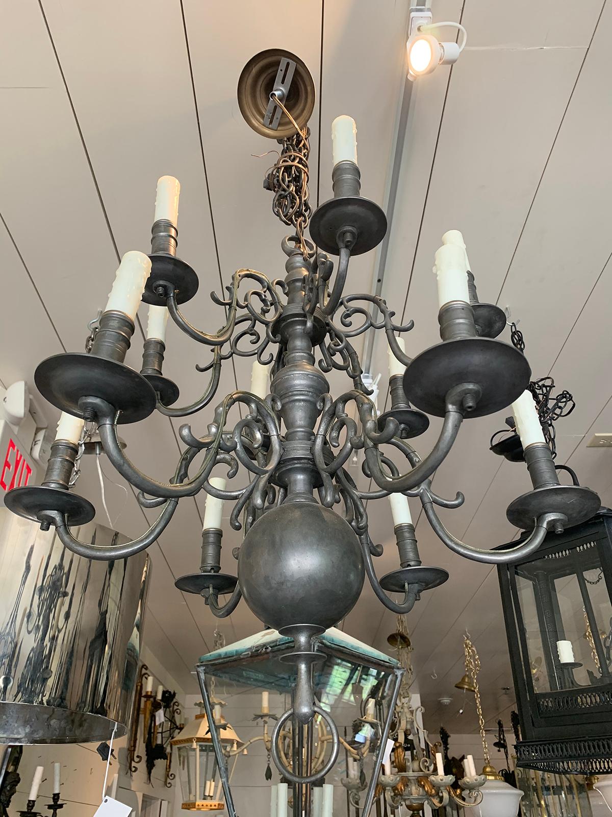 19th/20th Century Two-Tier Dutch and Queen Anne Style Pewter 12-Light Chandelier 3
