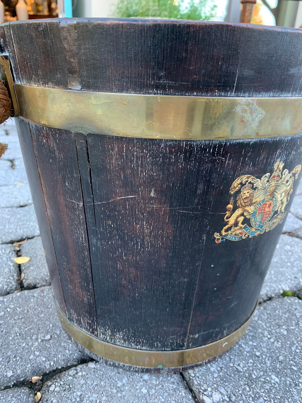19th-20th Century Wooden Bucket with Rope Handle, Crest Detail 1