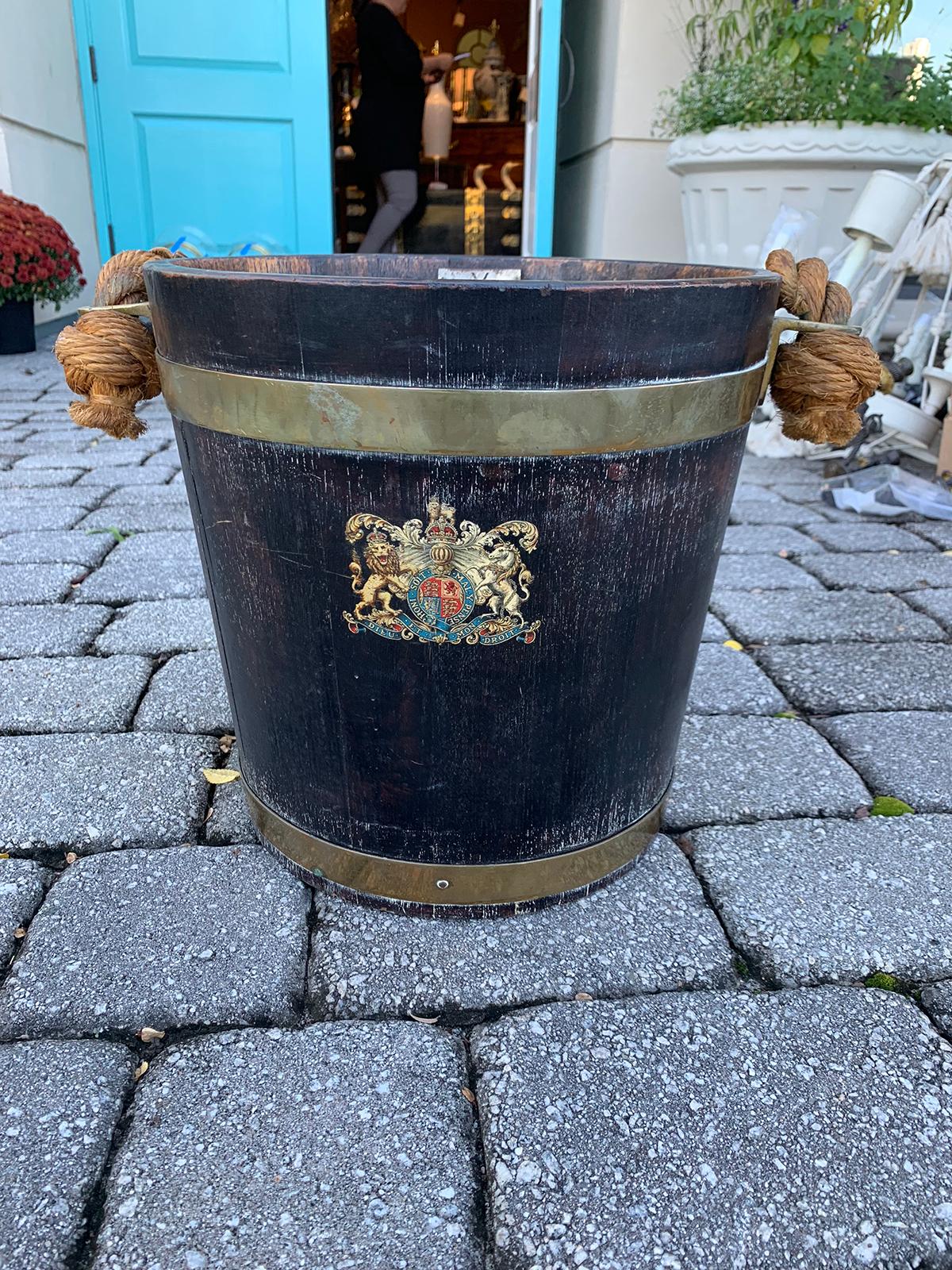 19th-20th Century Wooden Bucket with Rope Handle, Crest Detail 2