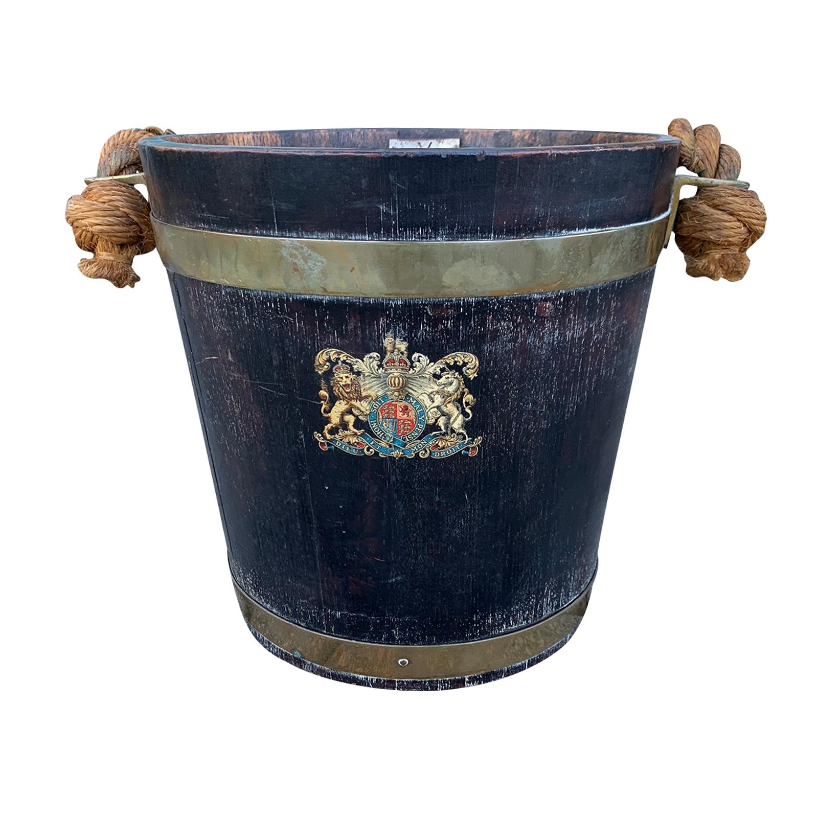 19th-20th Century Wooden Bucket with Rope Handle, Crest Detail