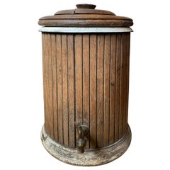 19th-20th Century Wooden Lidded Water Cooler, Ceramic Liner, Old Brass Hardware