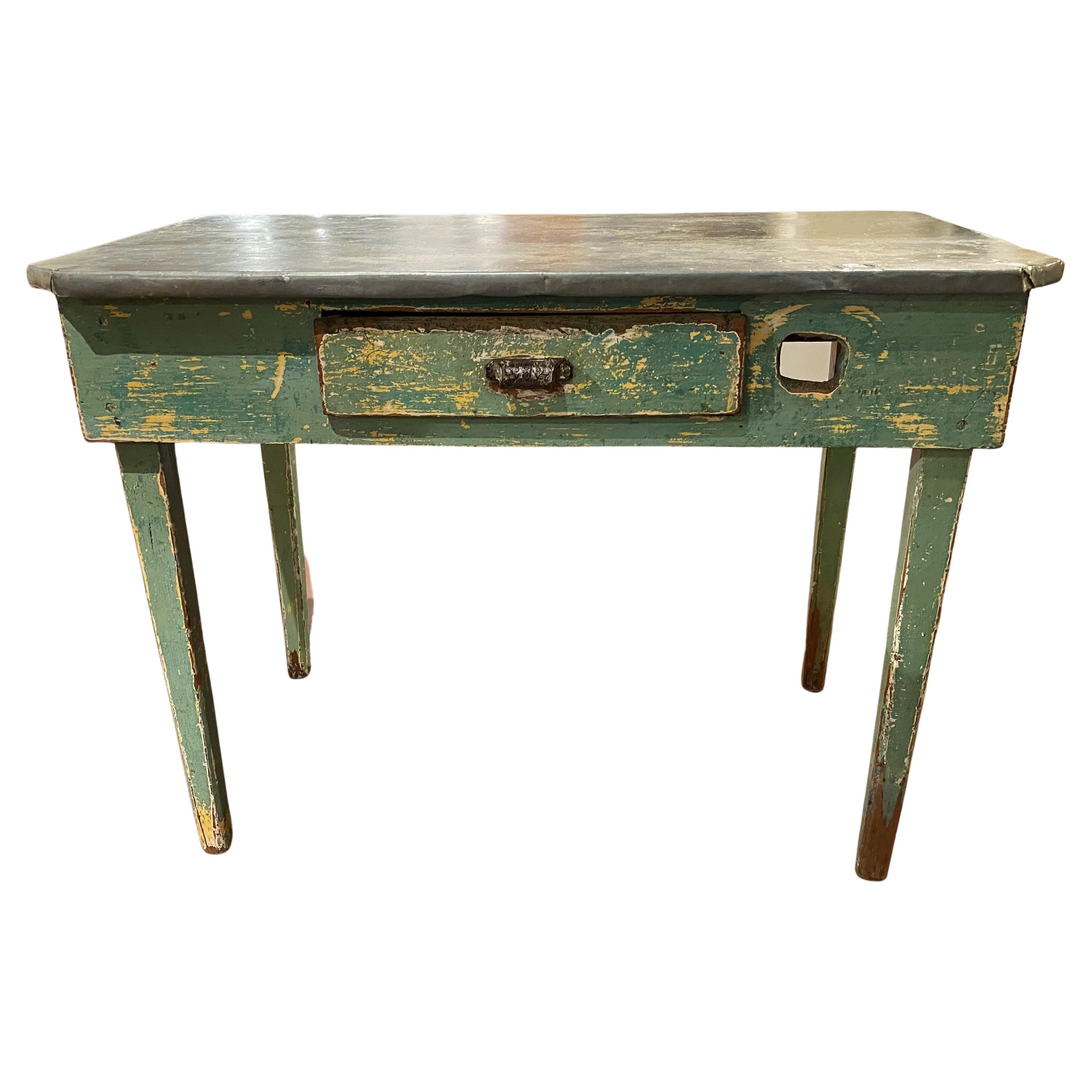 19th/20th Century Zinc Top Flower or Garden Table in Green Paint For Sale