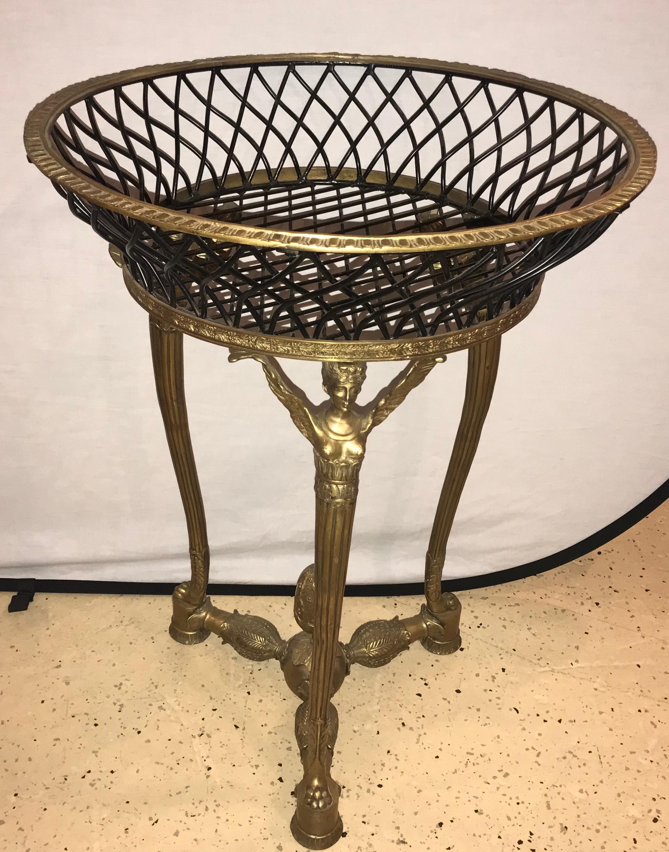 French 19th-20th Early Empire Bronze Basket or Jardinière on Figural Gilt Bronze Stand
