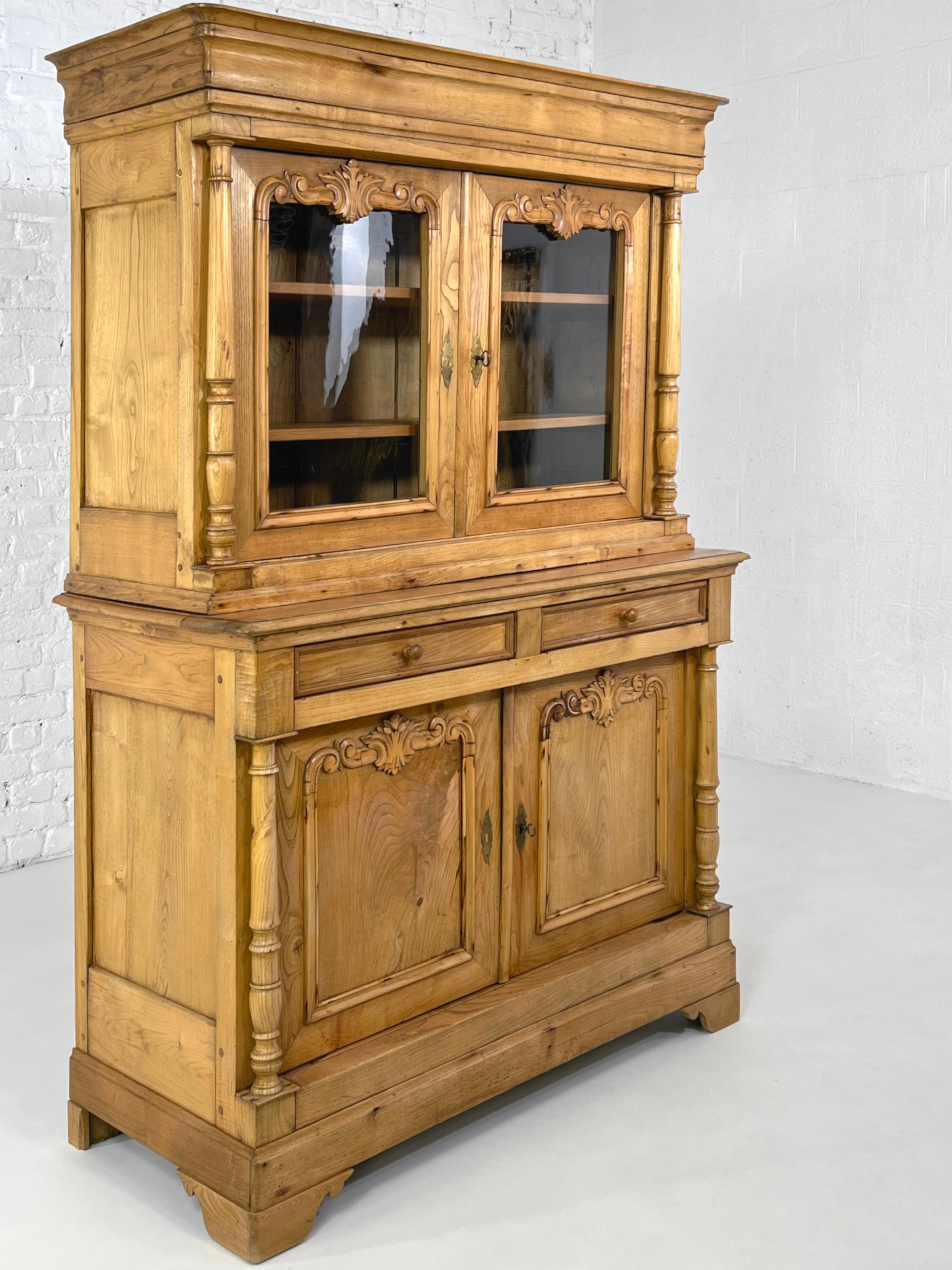 European French Antic Alpine Chalet Chic Pine Wood and Glass Armoire Vitrine Cabinet For Sale