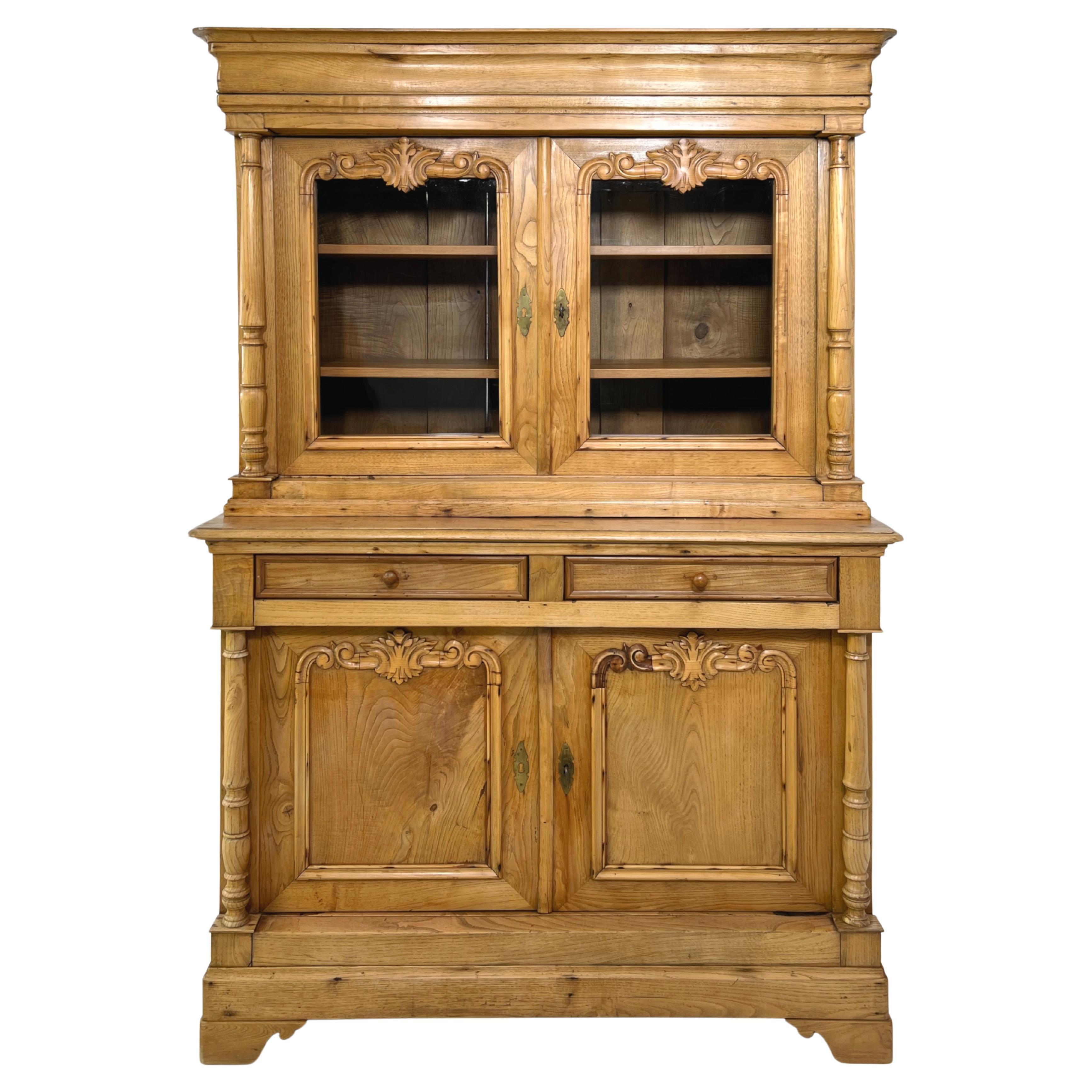 French Antic Alpine Chalet Chic Pine Wood and Glass Armoire Vitrine Cabinet