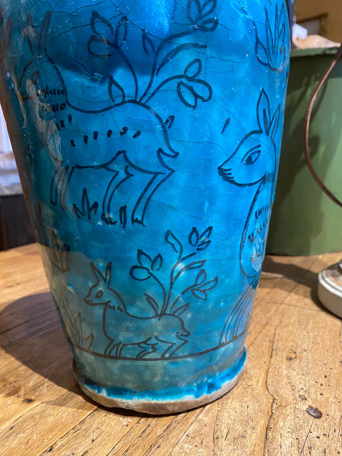 19th-20th Persian Century Blue Glazed Pottery Jar/Vase with Does 5