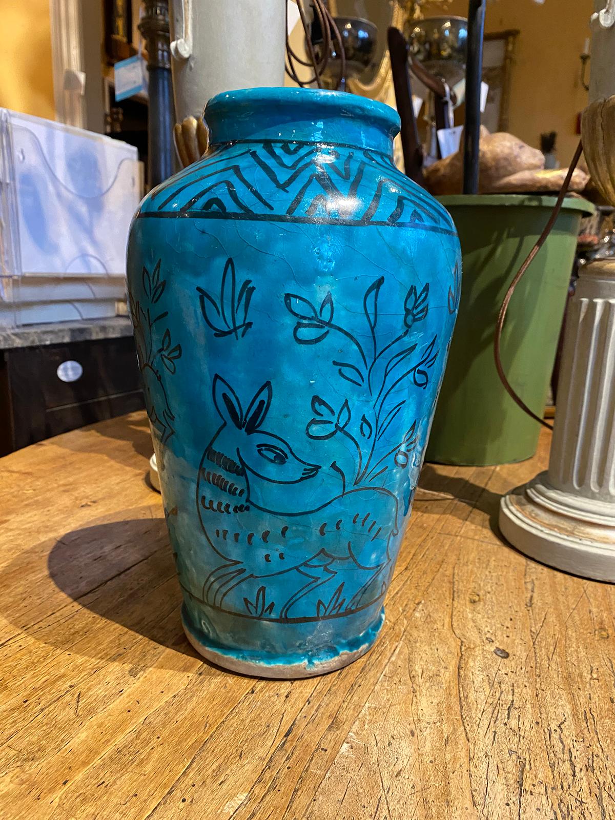 19th-20th century Persian blue glazed pottery jar/vase decorated with does.
