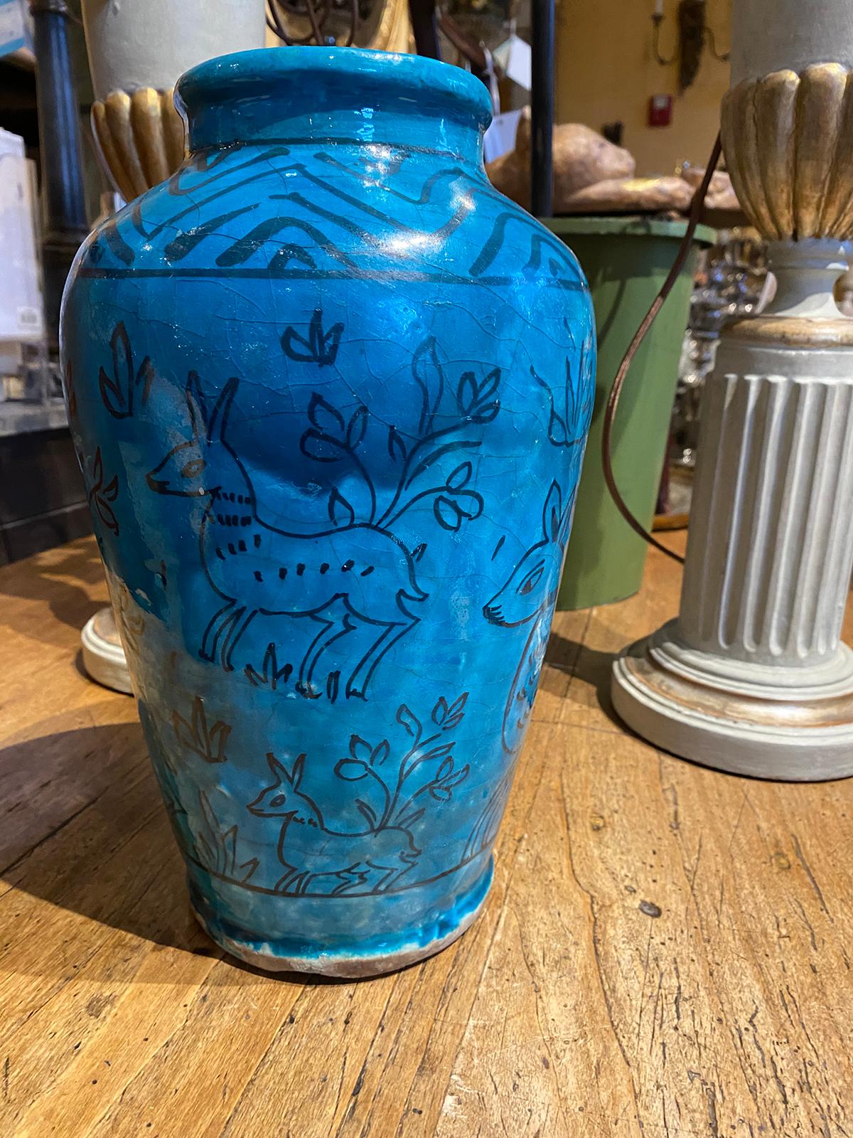 Asian 19th-20th Persian Century Blue Glazed Pottery Jar/Vase with Does