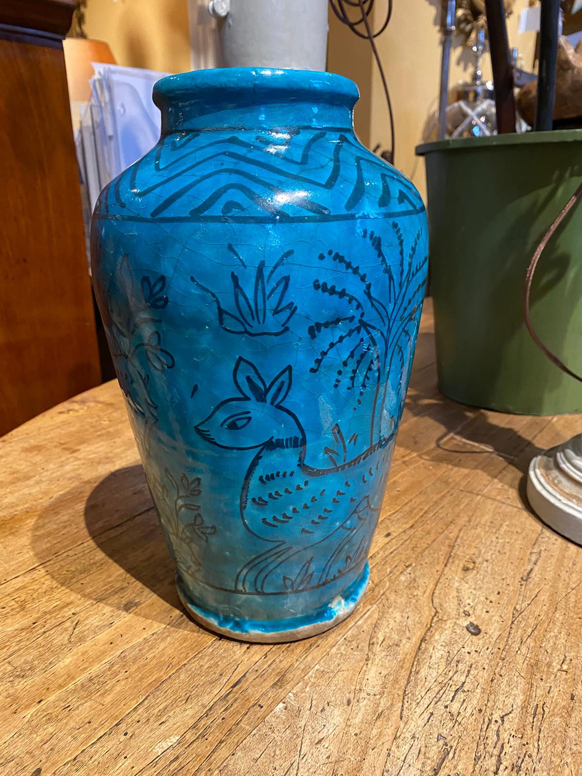 19th-20th Persian Century Blue Glazed Pottery Jar/Vase with Does In Good Condition In Atlanta, GA
