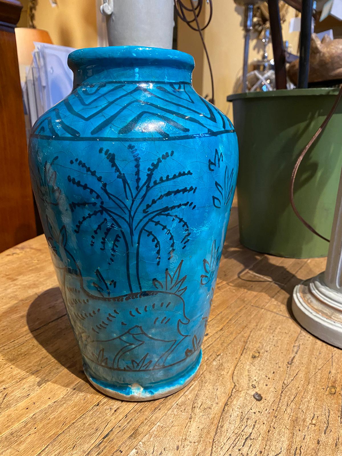 19th Century 19th-20th Persian Century Blue Glazed Pottery Jar/Vase with Does