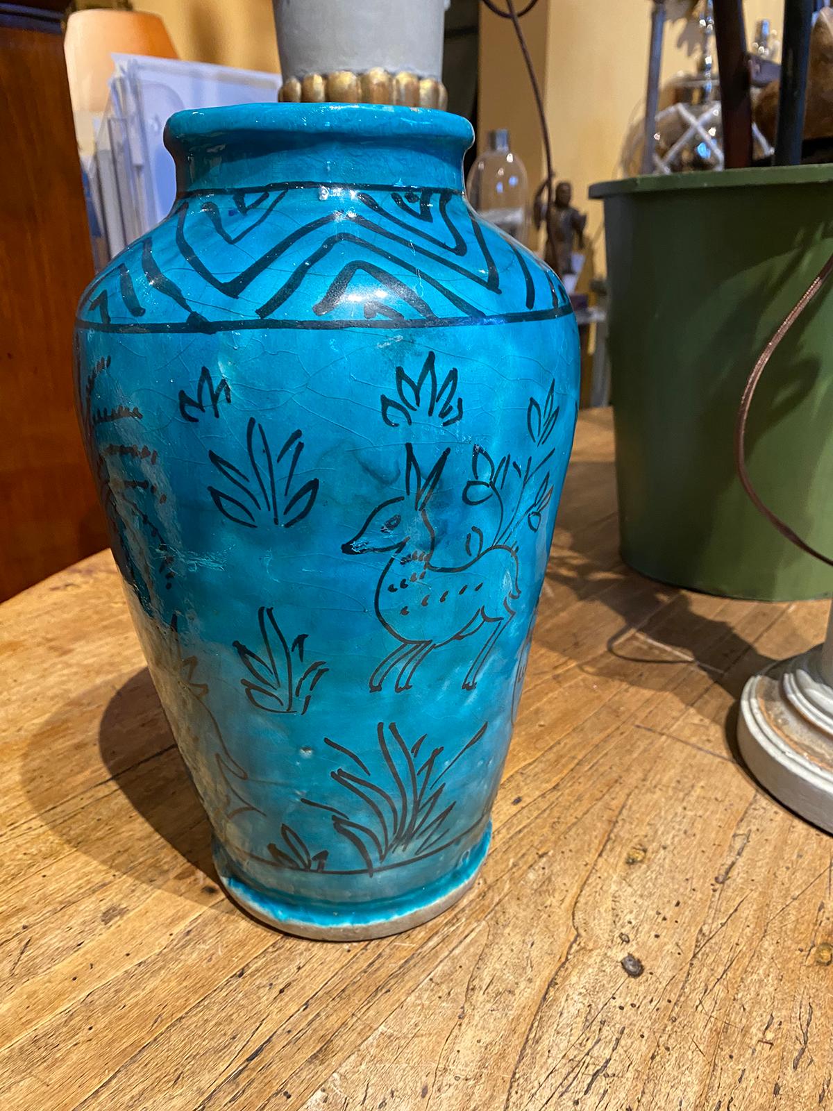 19th-20th Persian Century Blue Glazed Pottery Jar/Vase with Does 1