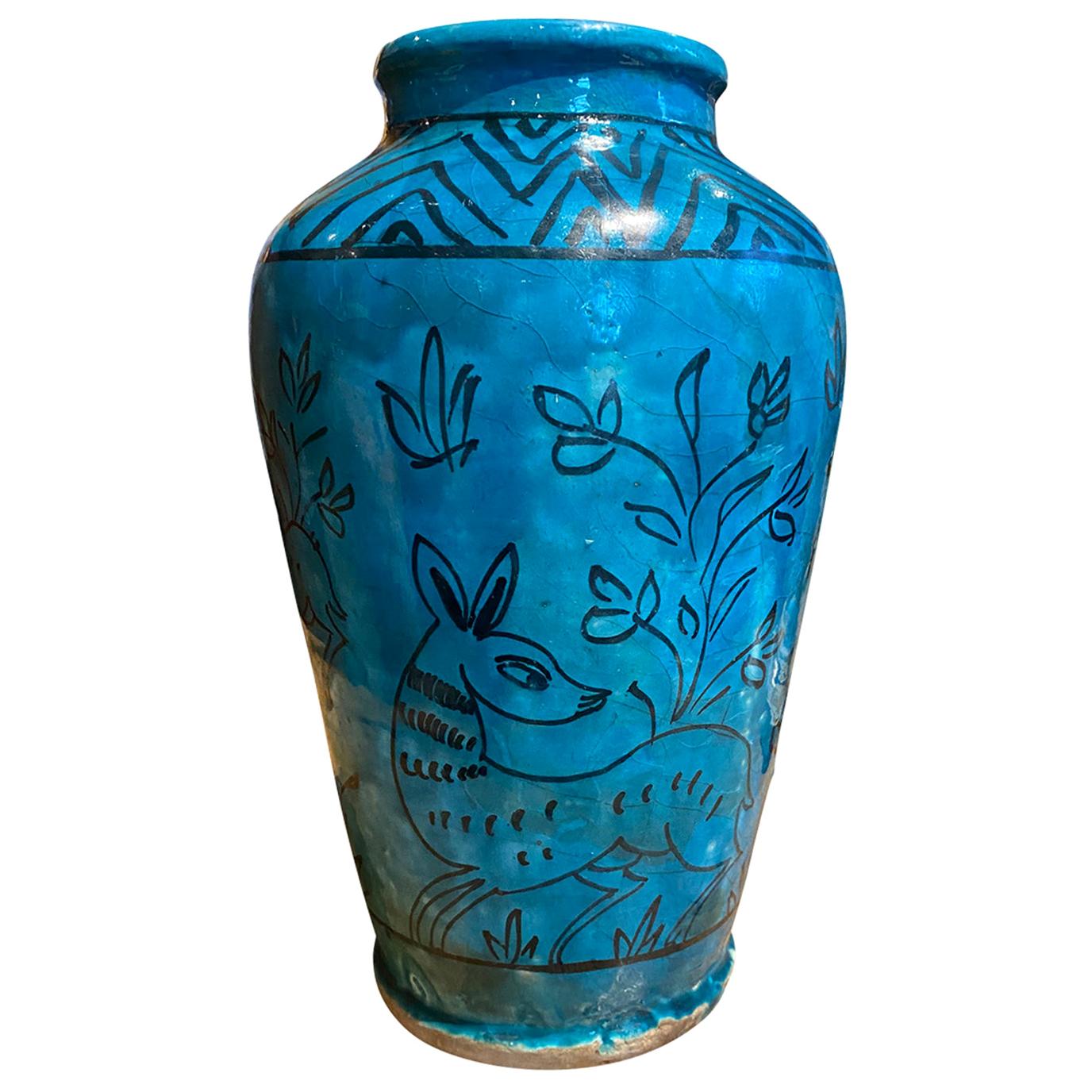 19th-20th Persian Century Blue Glazed Pottery Jar/Vase with Does