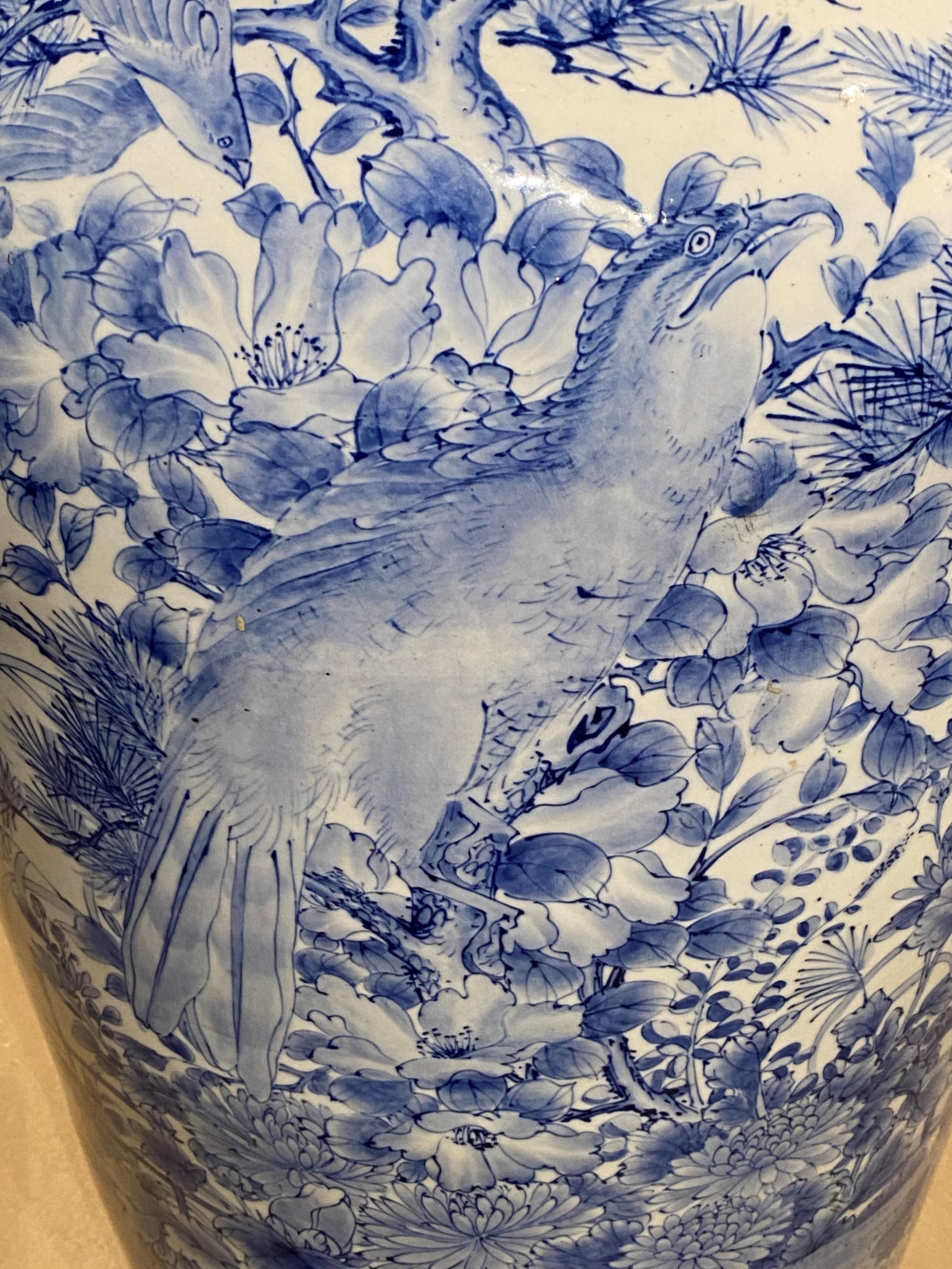 Hand-Painted 19th/20thc Japanese Blue & White Porcelain Large Floor Vase with Birds & Flowers