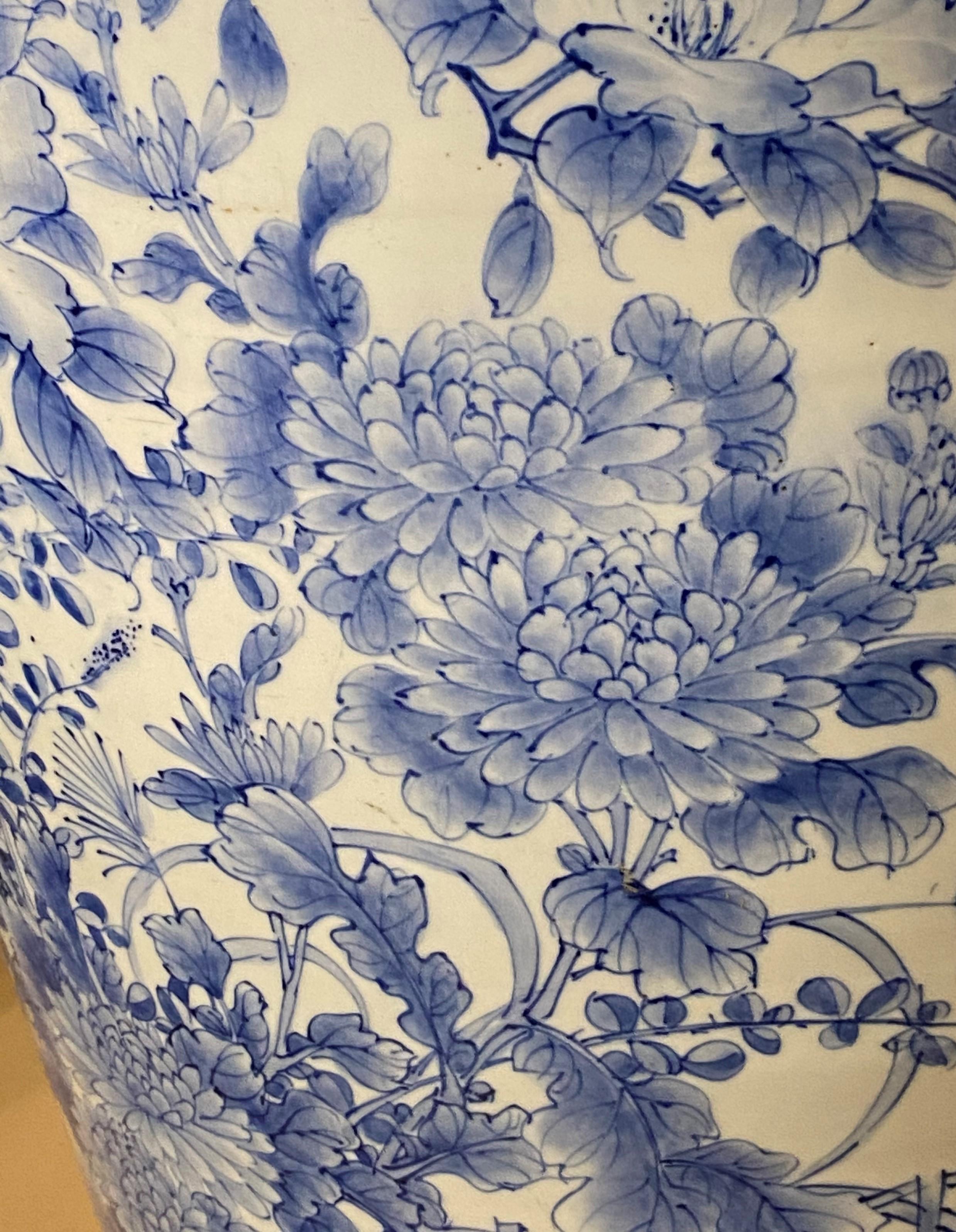 19th Century 19th/20thc Japanese Blue & White Porcelain Large Floor Vase with Birds & Flowers