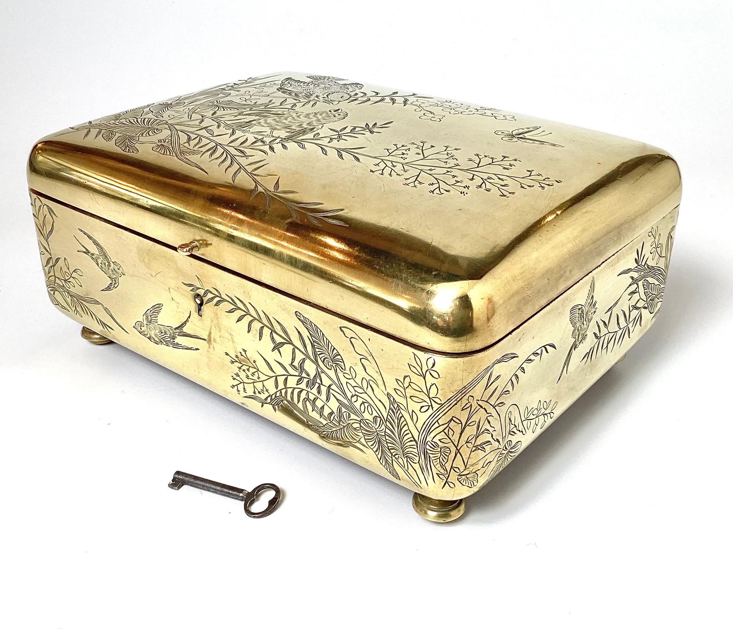 19th a Polished Brass Aesthetic Movement Jewelry or Table Box In Excellent Condition In Lambertville, NJ