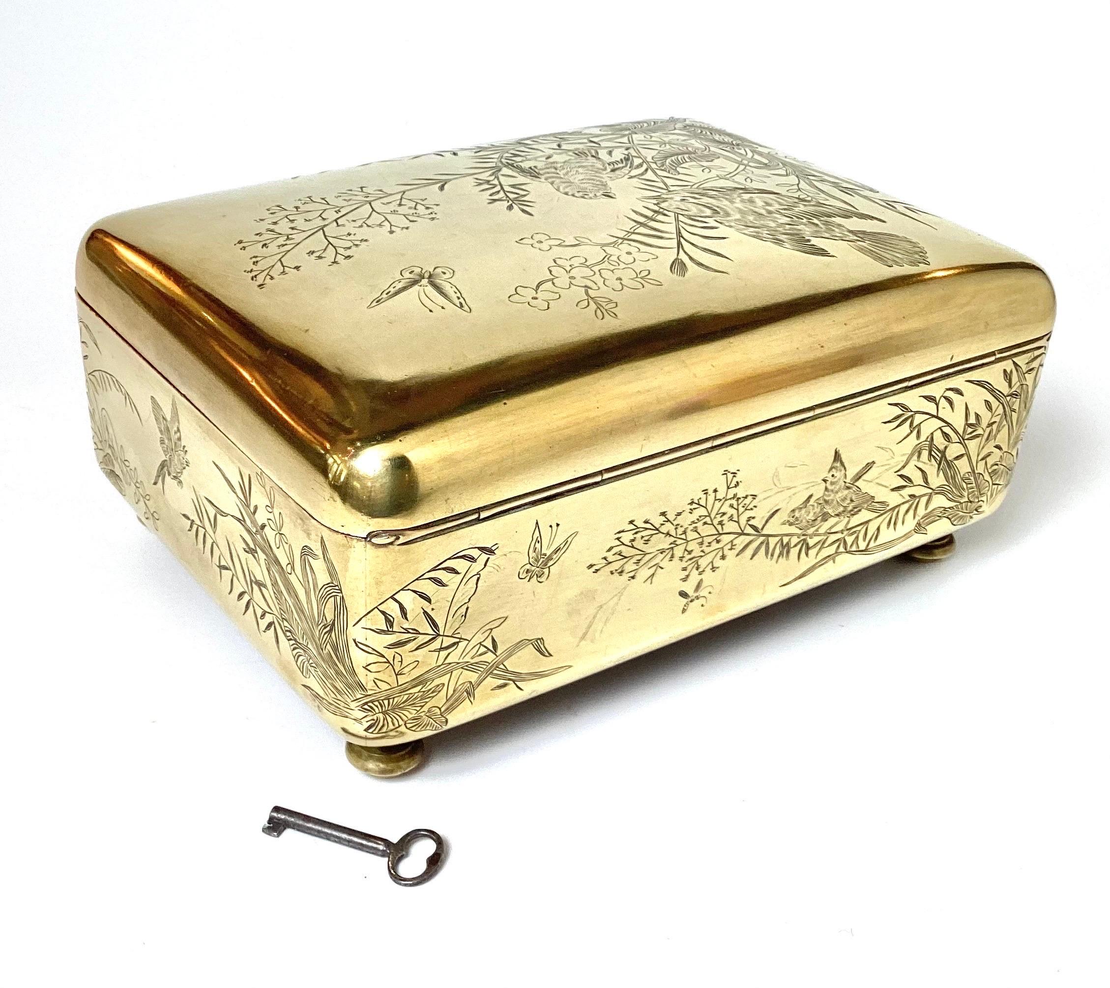 Late 19th Century 19th a Polished Brass Aesthetic Movement Jewelry or Table Box