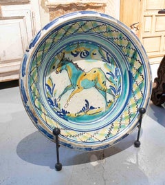 19th Antique Basin with a Hand-Painted Horse in Shades of Green and Blue