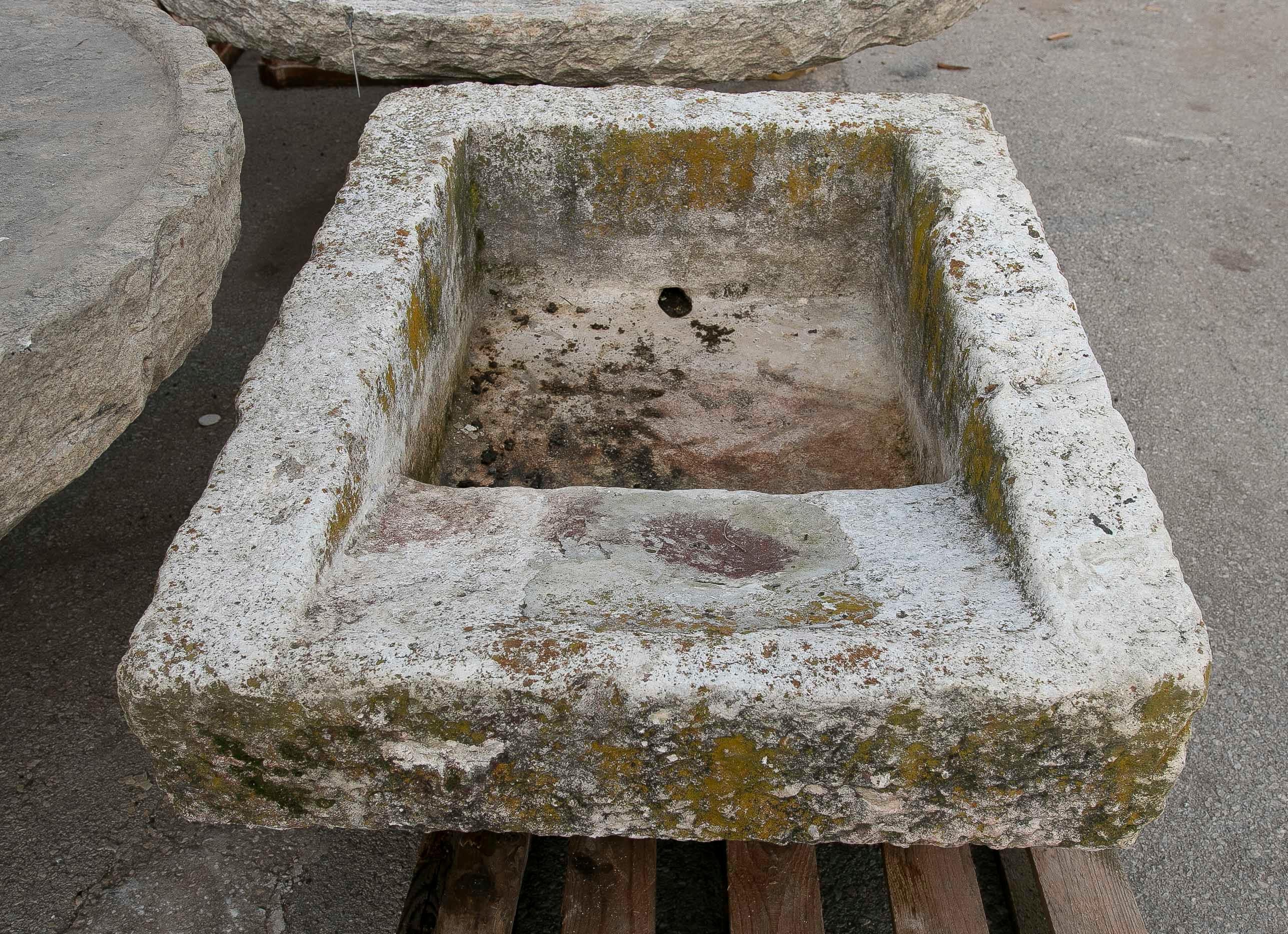 Spanish 19th Antique Carved Stone Laundry Sink with Natural Patina For Sale