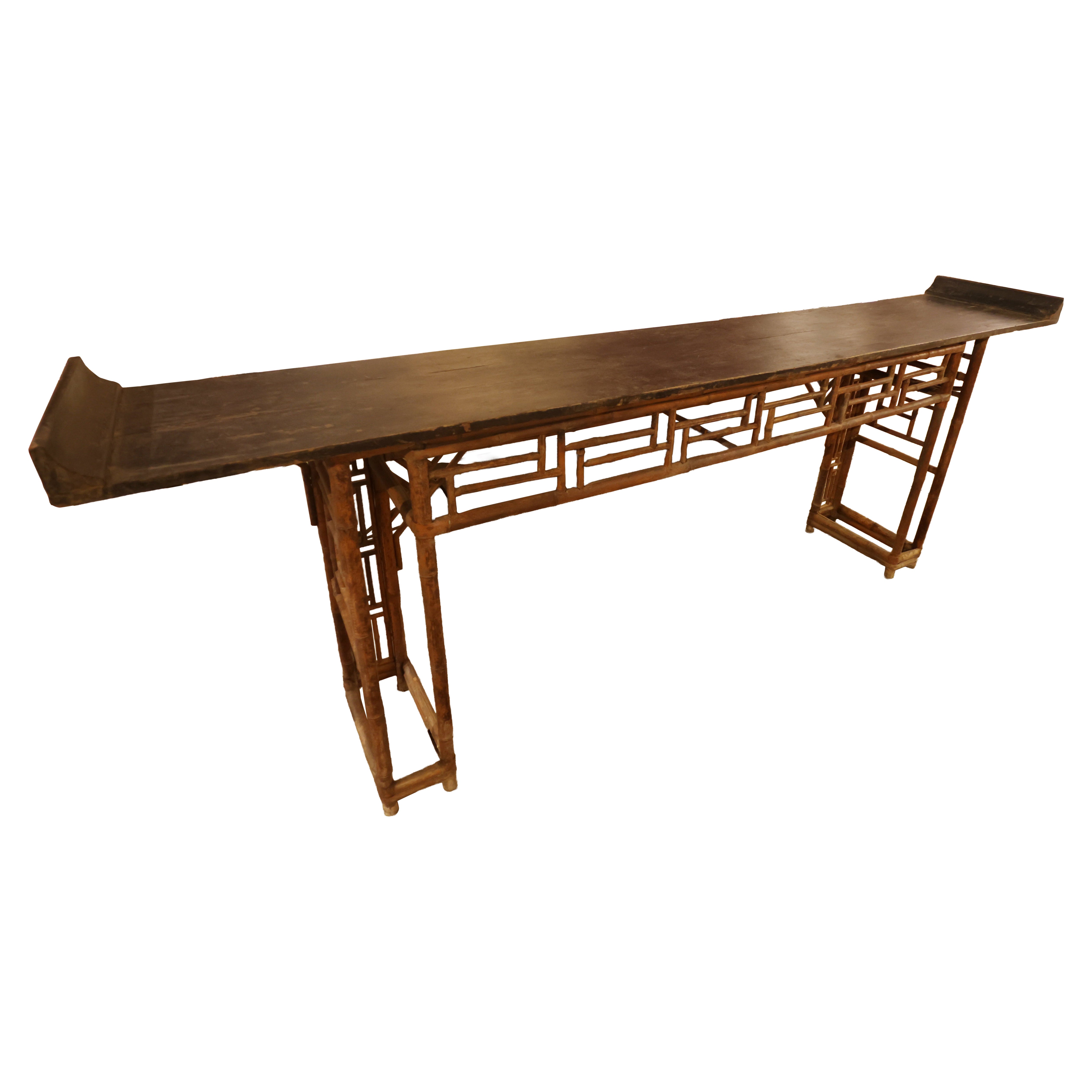 19th Antique Chinese Elm Console Table with Carved Lattice & a Single-piece Top For Sale
