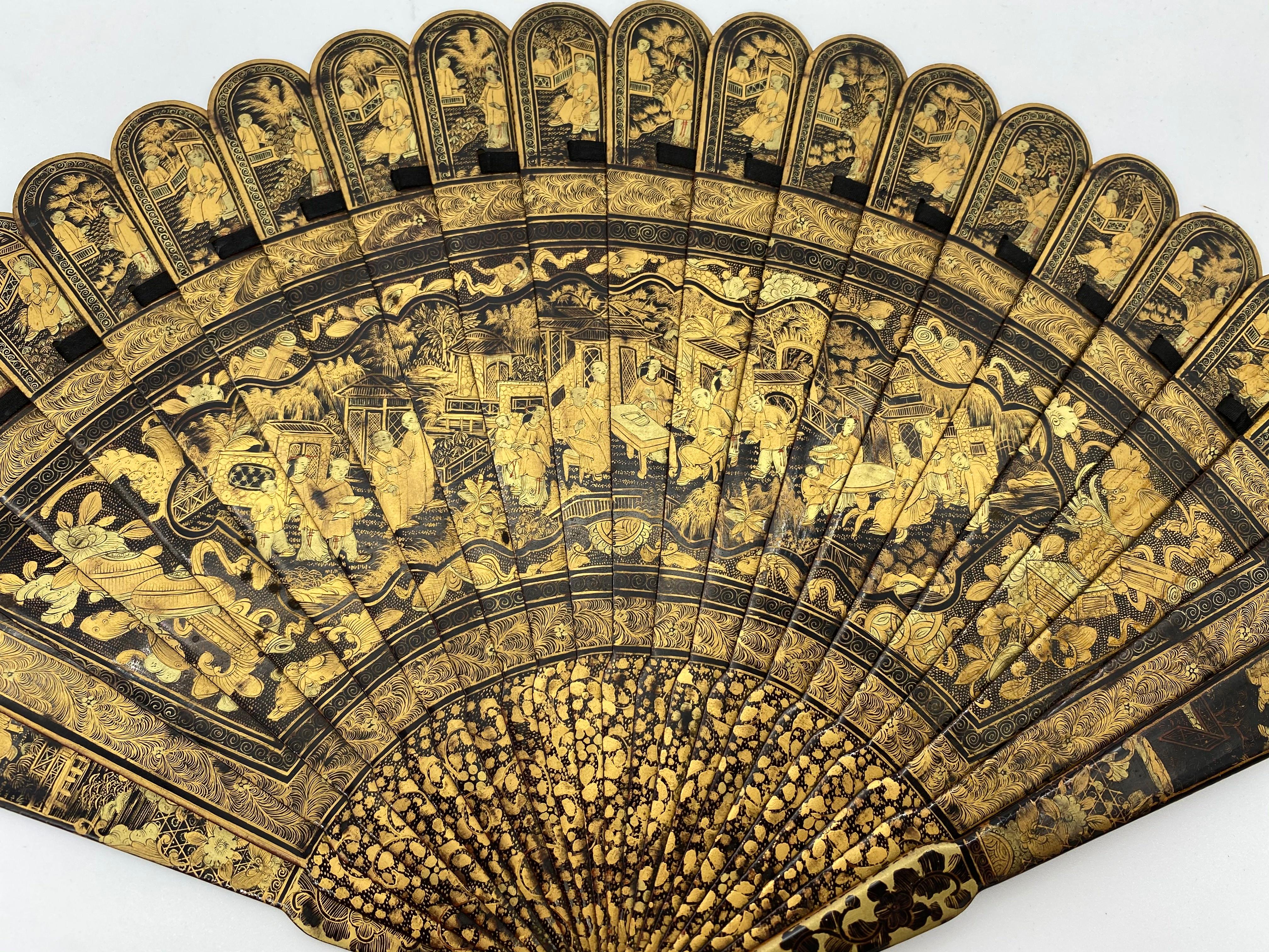 Antique Chinese Hand Painted Lacquer Scene Gilt Fan with Lacquer Box For Sale 2