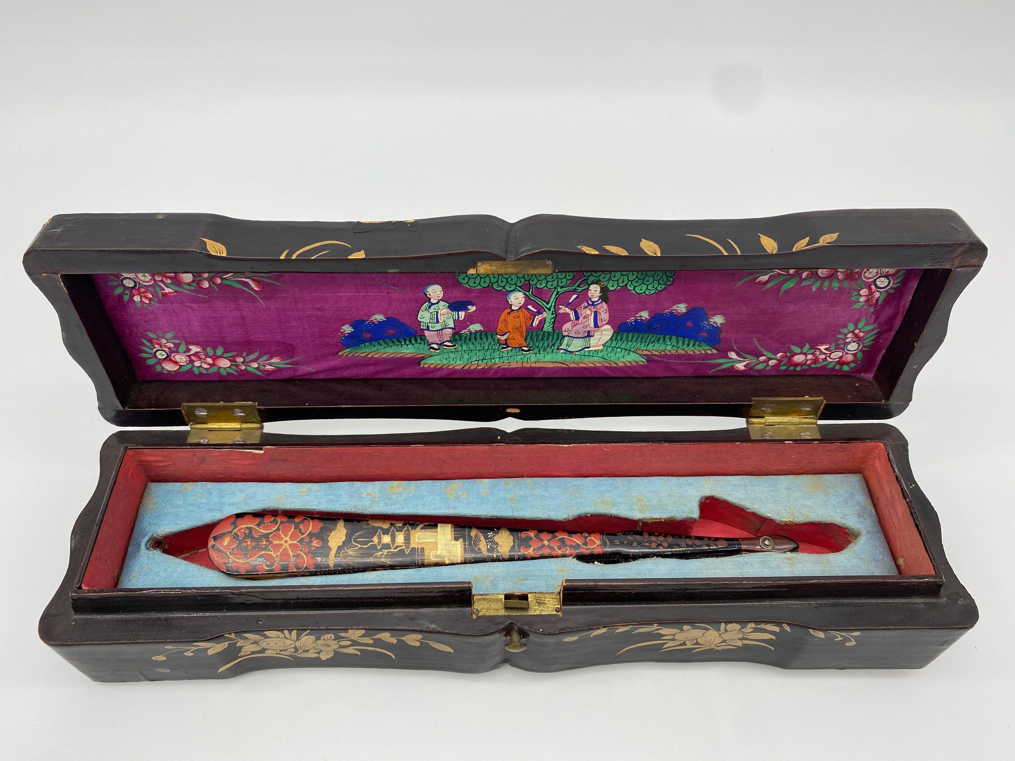 19th century antique Chinese hand painted lacquer scene gilt fan with original lacquer box.