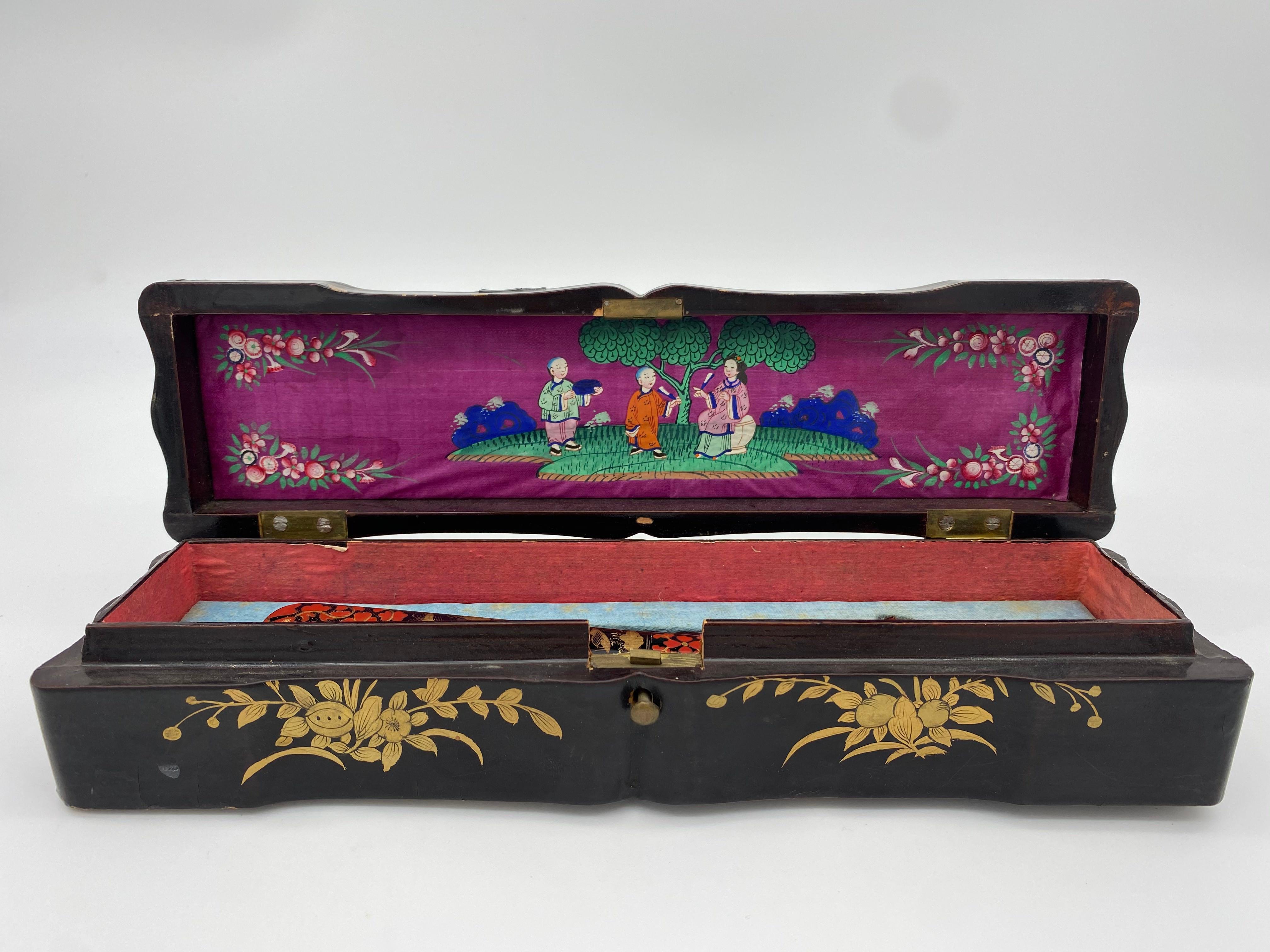 Hand-Carved Antique Chinese Hand Painted Lacquer Scene Gilt Fan with Lacquer Box For Sale