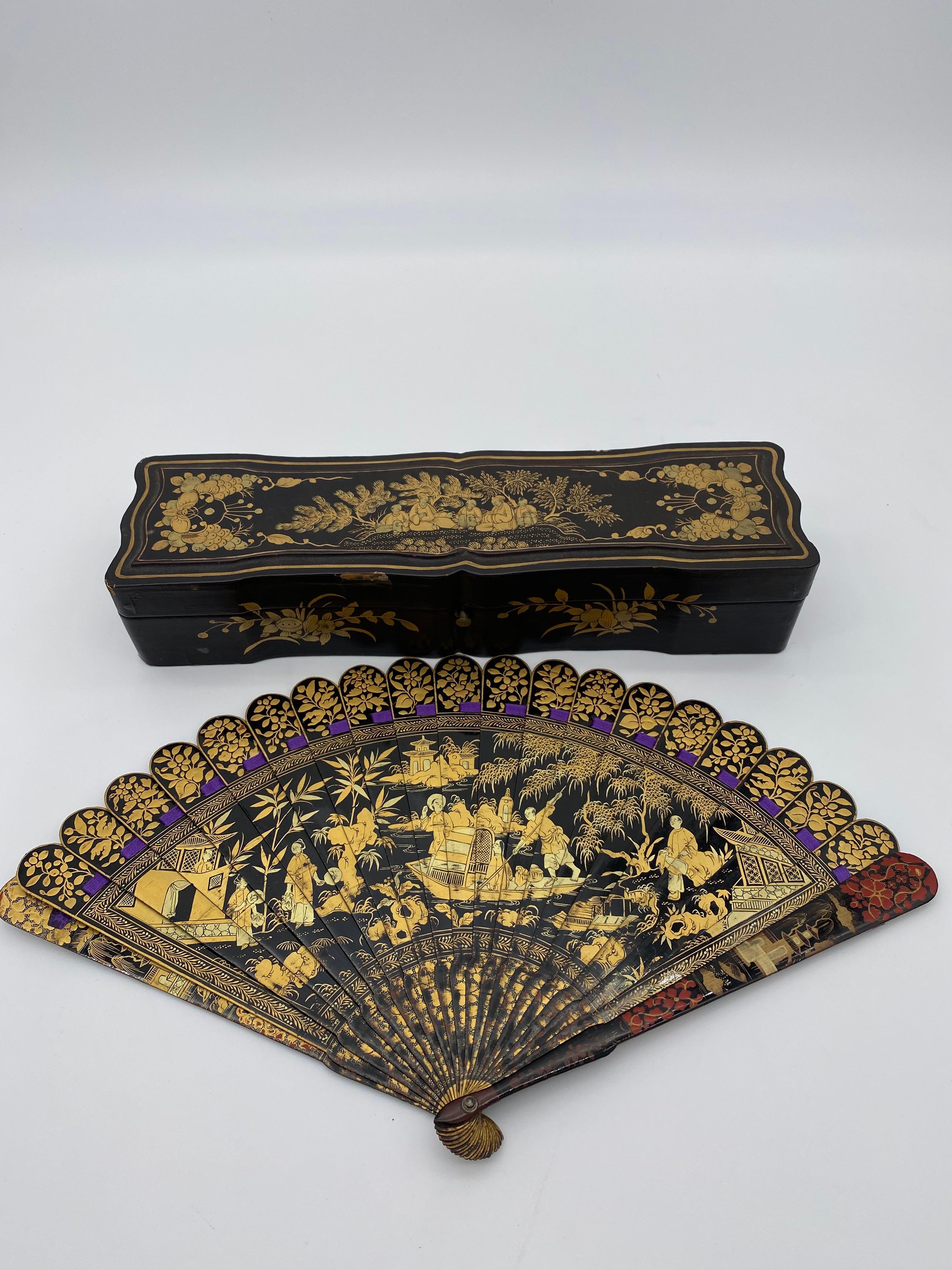 Antique Chinese Hand Painted Lacquer Scene Gilt Fan with Lacquer Box For Sale 1