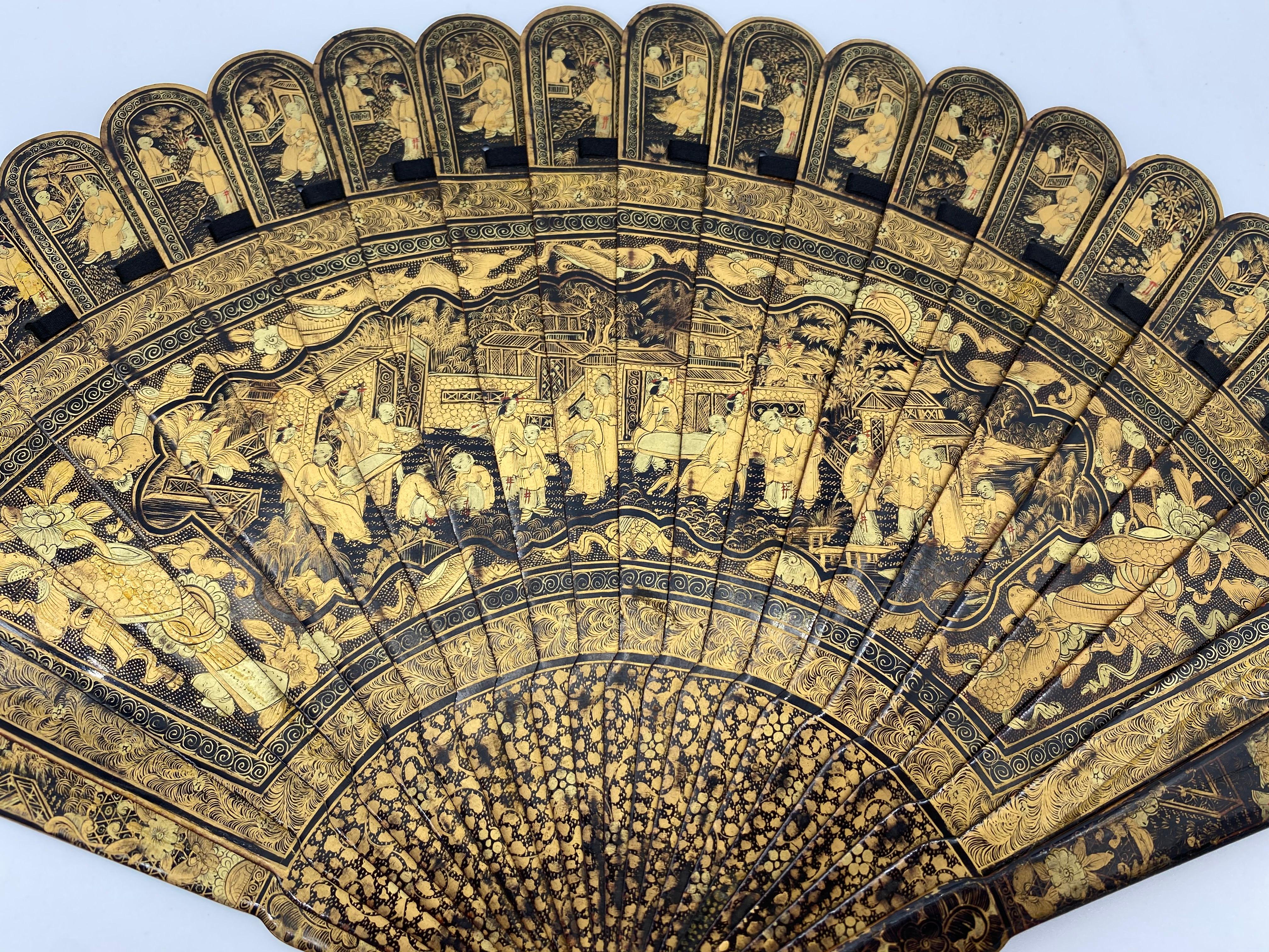 Mid-19th Century Antique Chinese Hand Painted Lacquer Scene Gilt Fan with Lacquer Box For Sale