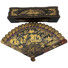 Used Chinese Hand Painted Lacquer Scene Gilt Fan with Lacquer Box