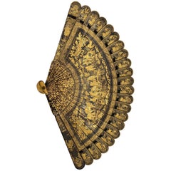 Antique Chinese Hand Painted Lacquer Scene Gilt Fan with Lacquer Box