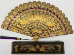 Antique Chinese Hand Paint Gold Lacquer Scene Gilt Fan with Lacquer Box