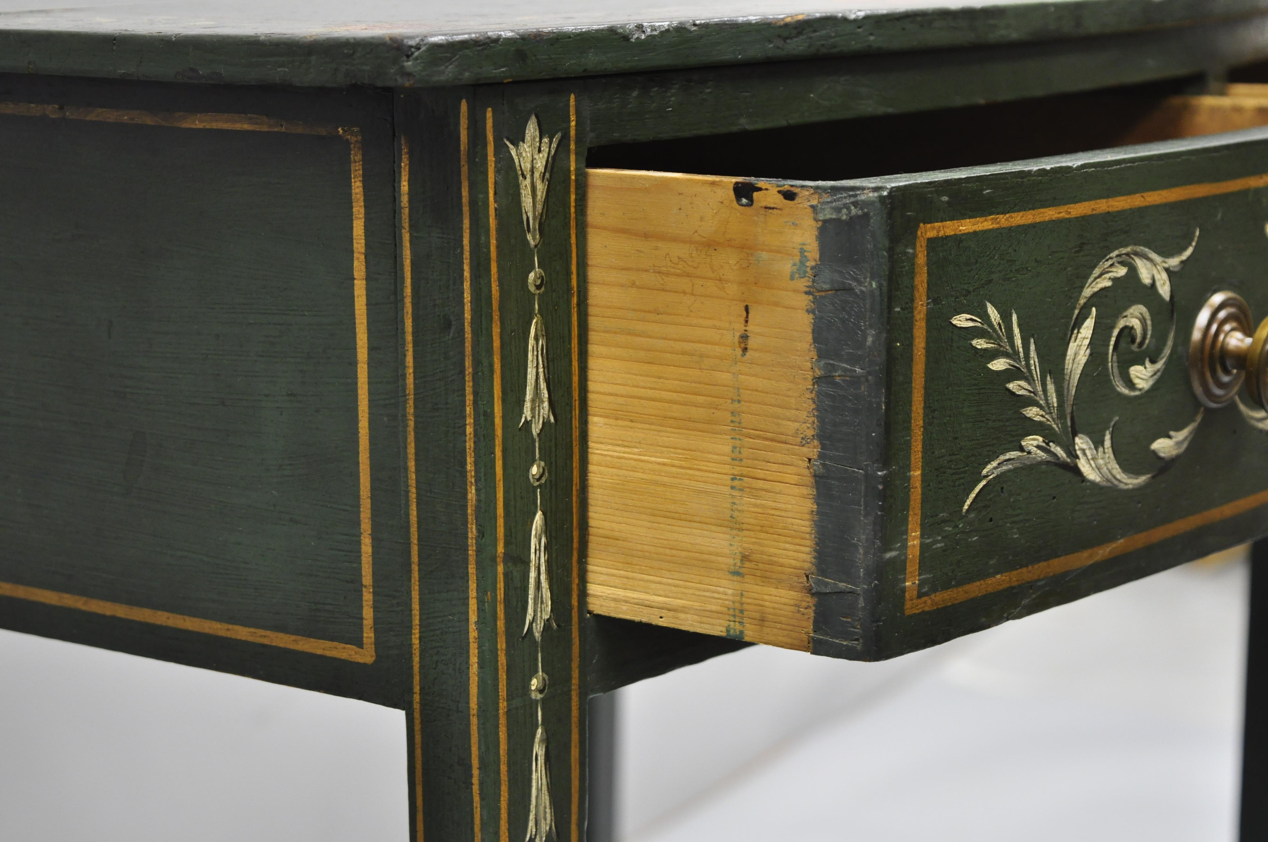 Antique Green Flower Painted Victorian 2-Drawer Demilune Hall Console Table 1