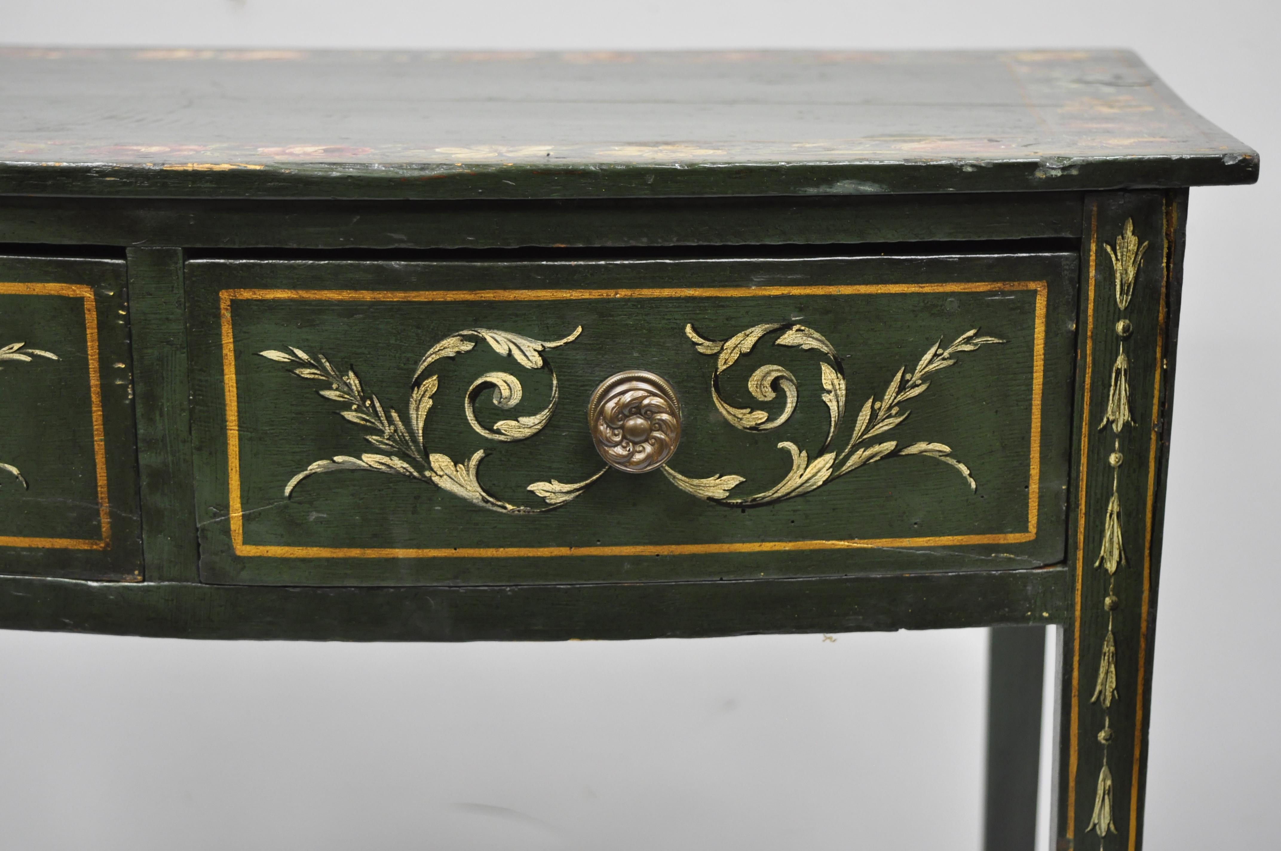 Antique Green Flower Painted Victorian 2-Drawer Demilune Hall Console Table 3