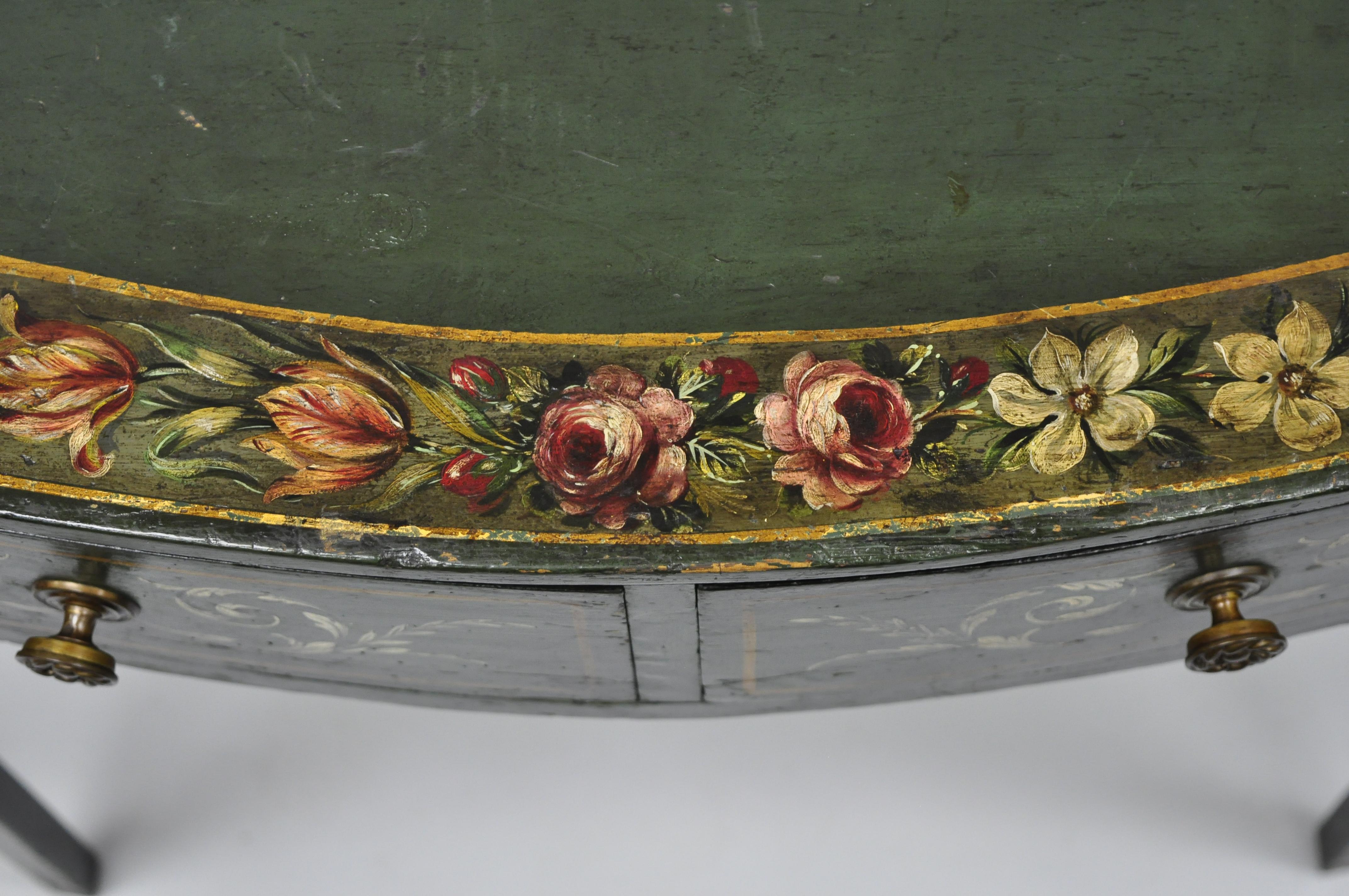 Antique Green Flower Painted Victorian 2-Drawer Demilune Hall Console Table In Good Condition In Philadelphia, PA