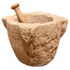 19th Antique Hand-Carved Stone Mortar with Wooden Handle