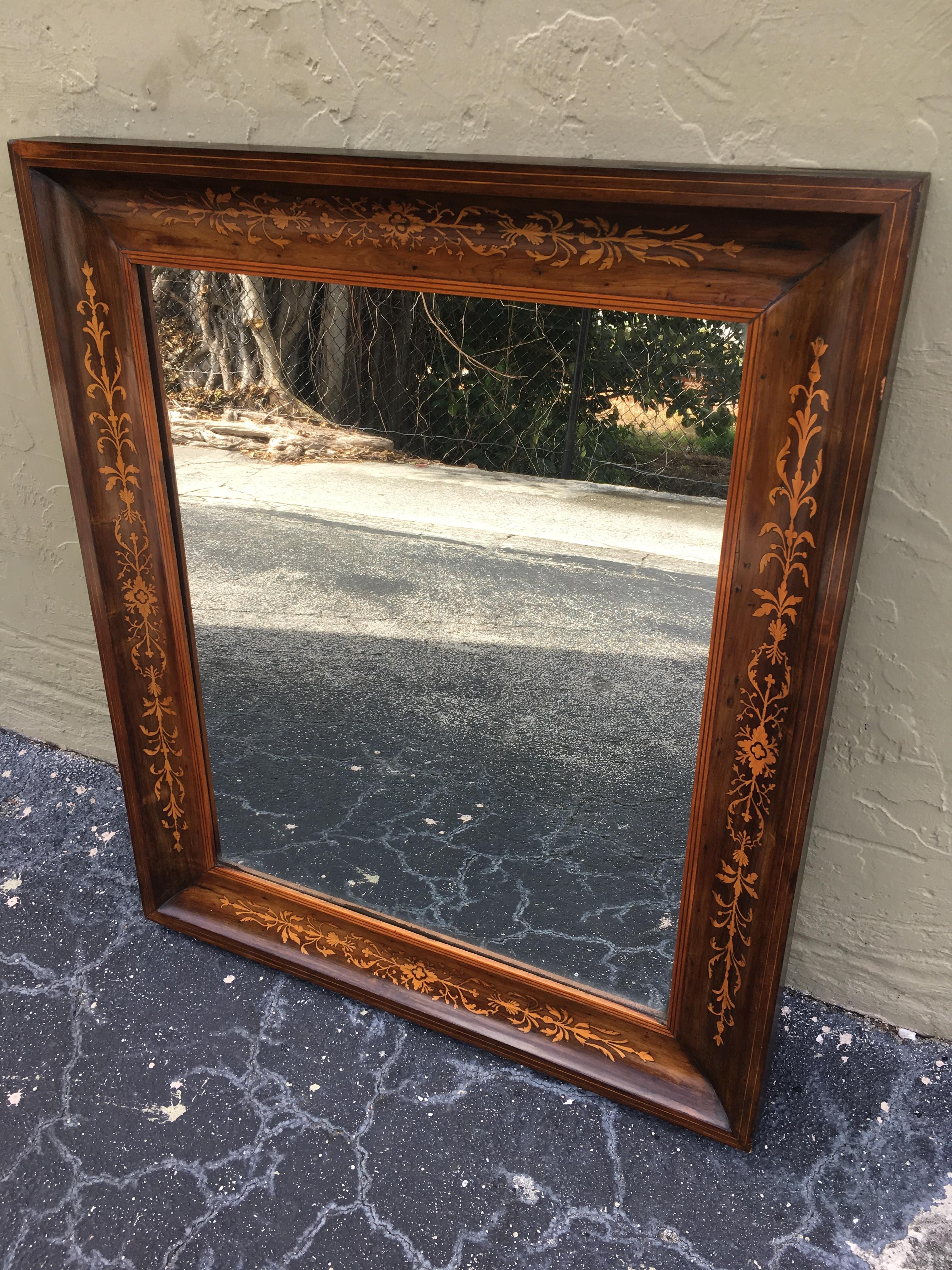 Empire 19th Antique Marquetry Inlaid Mahogany Mirror