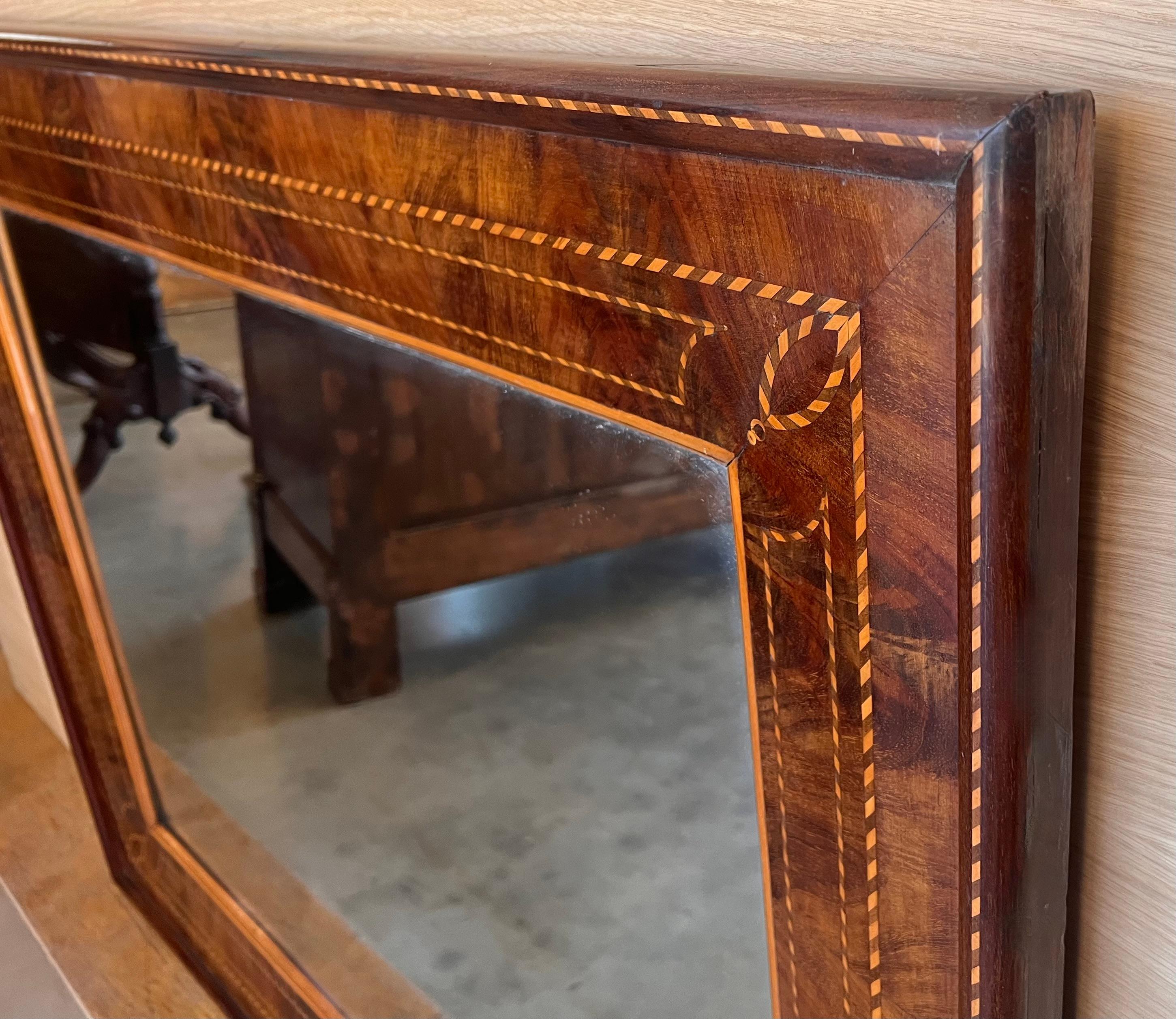 Spanish 19th Antique Marquetry Inlaid Mahogany Mirror For Sale