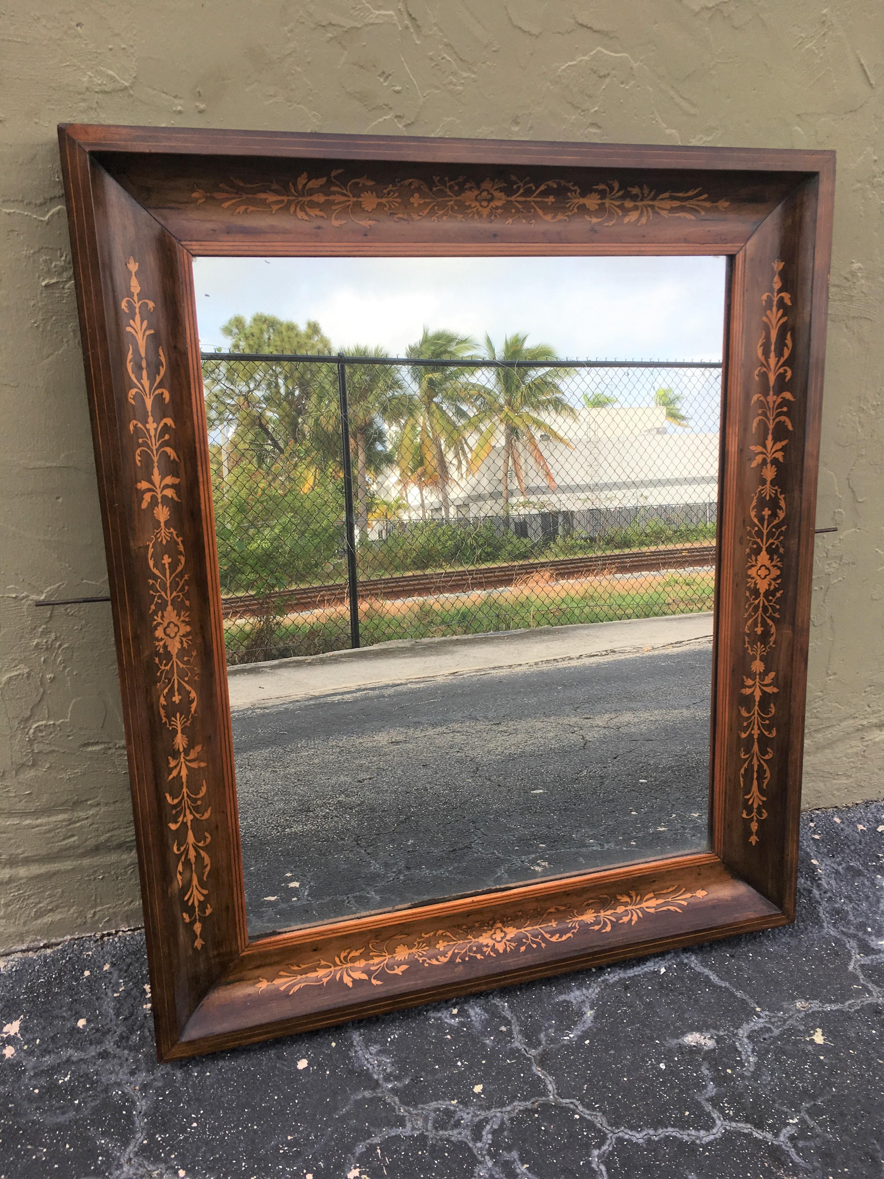 19th Antique Marquetry Inlaid Mahogany Mirror In Good Condition In Miami, FL