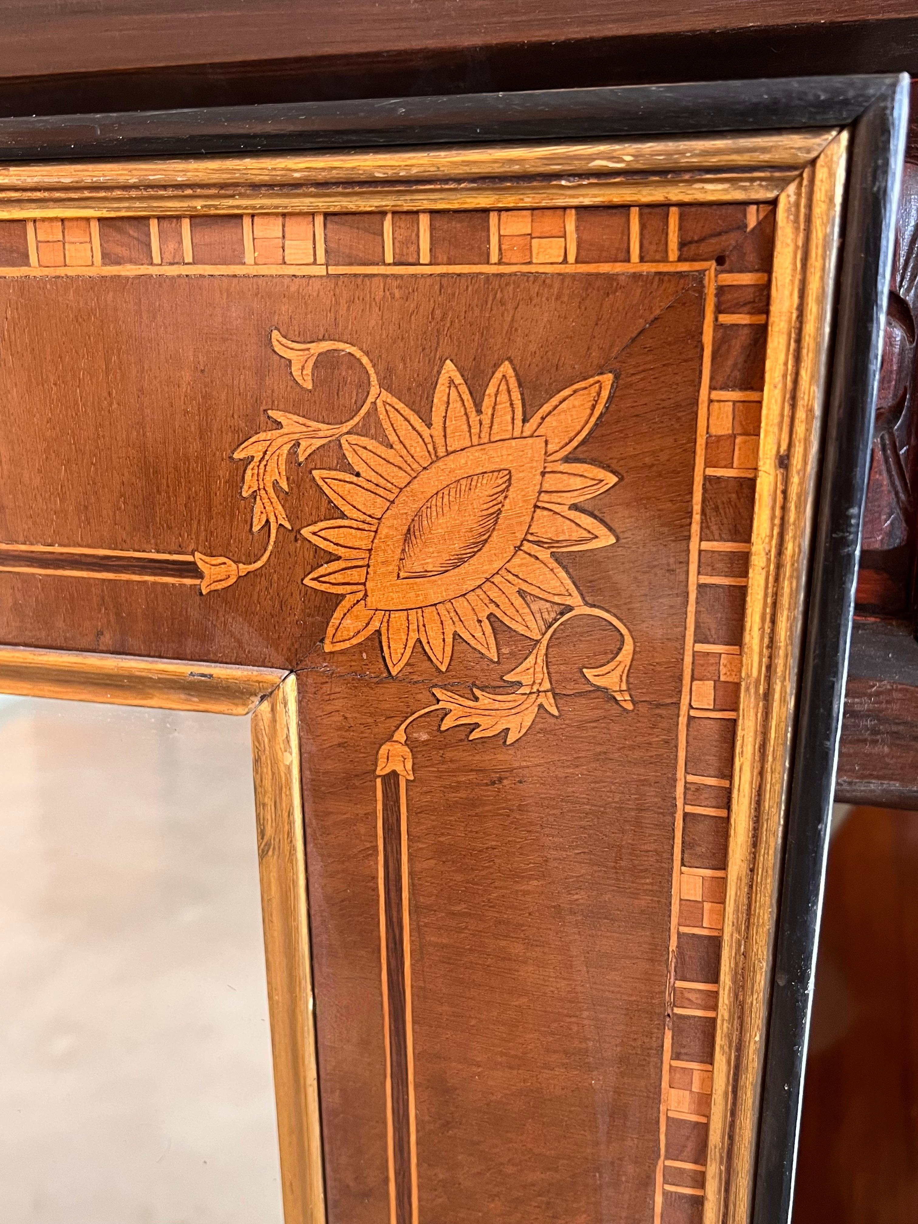 19th Antique Marquetry Inlaid Mahogany Mirror In Good Condition For Sale In Miami, FL