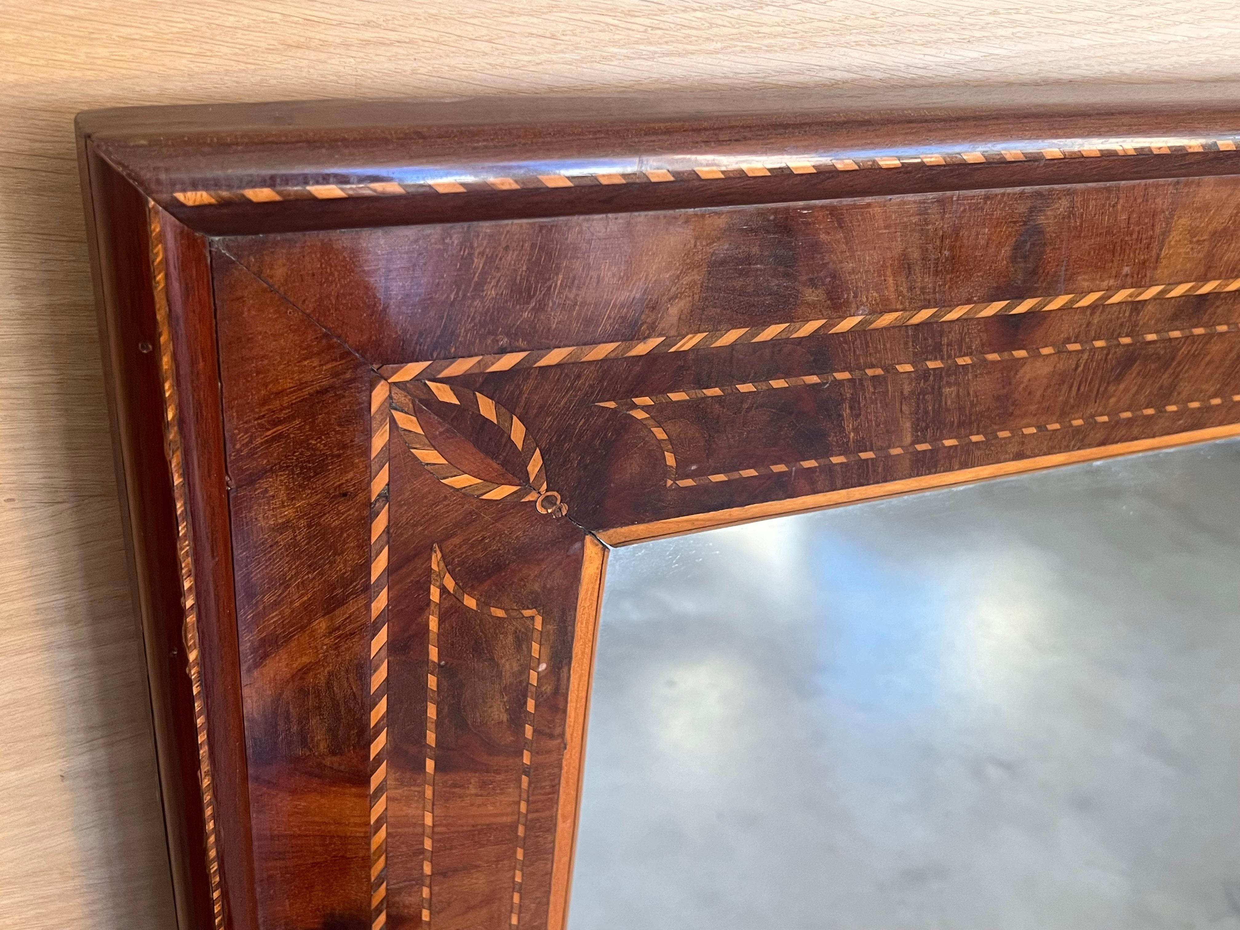 19th Antique Marquetry Inlaid Mahogany Mirror In Good Condition For Sale In Miami, FL